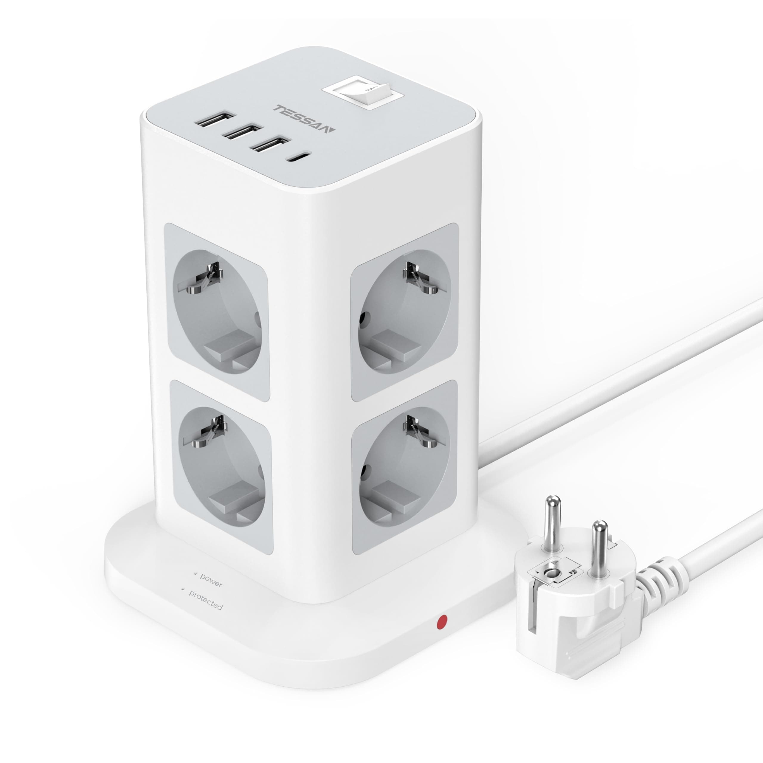 TESSAN Regletas Enchufes Proteccion Sobretension 8 Tomas con 3 USB A y 1 USB C, Torre Regleta Vertical con Interruptor, Alargador Enchufe 2 Metros, Torre Multiple 3600W para Mesa, Oficina, Casa