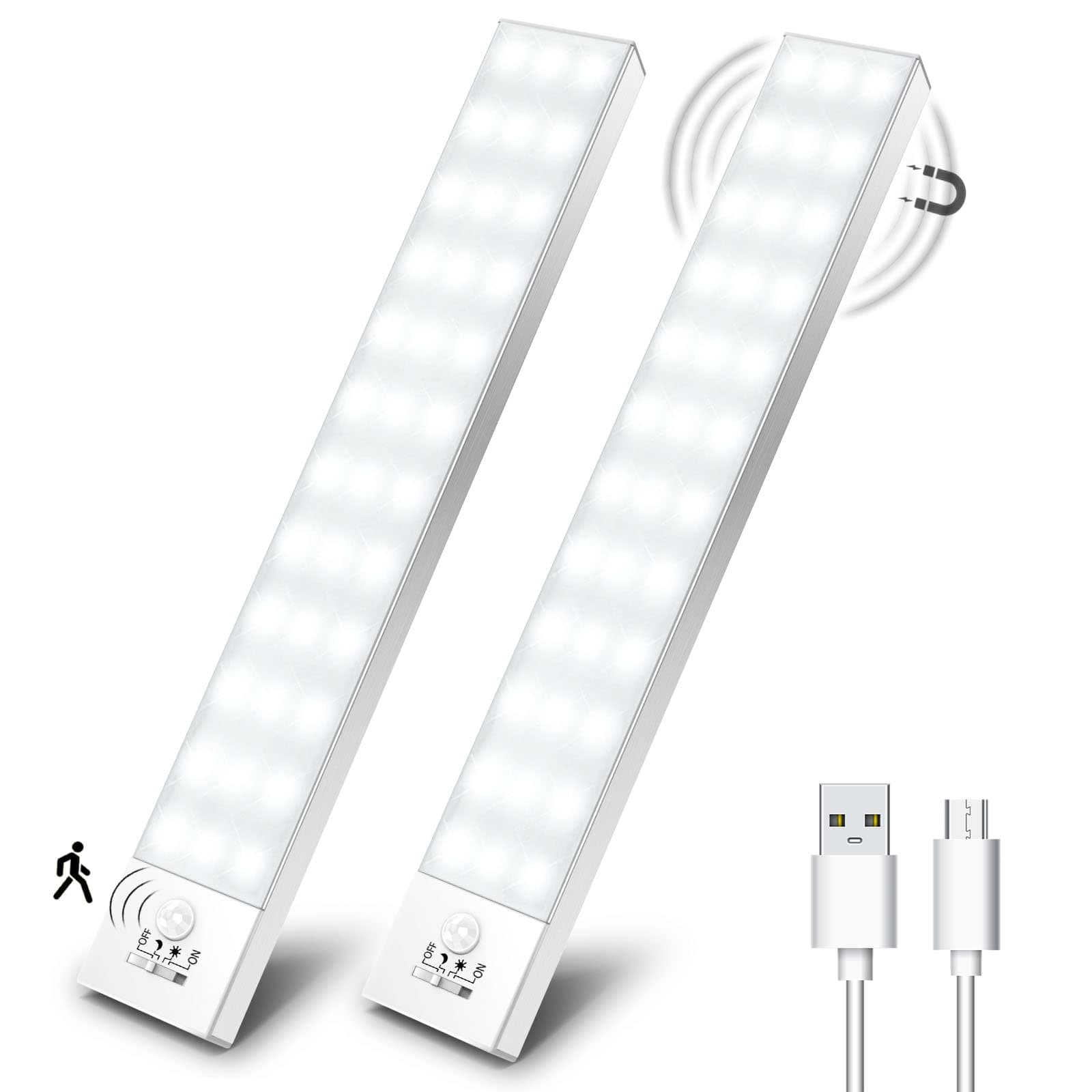 OUILA Luz LED Armario Magnética con Sensor Movimiento Blanco Natural 5000K 36 LEDs 4 Modos Luz LED Adhesiva USB Recargable 1000mAh Luce para Cocina, Armario, Escalera, Pasillo, Garaje-2 Piezas