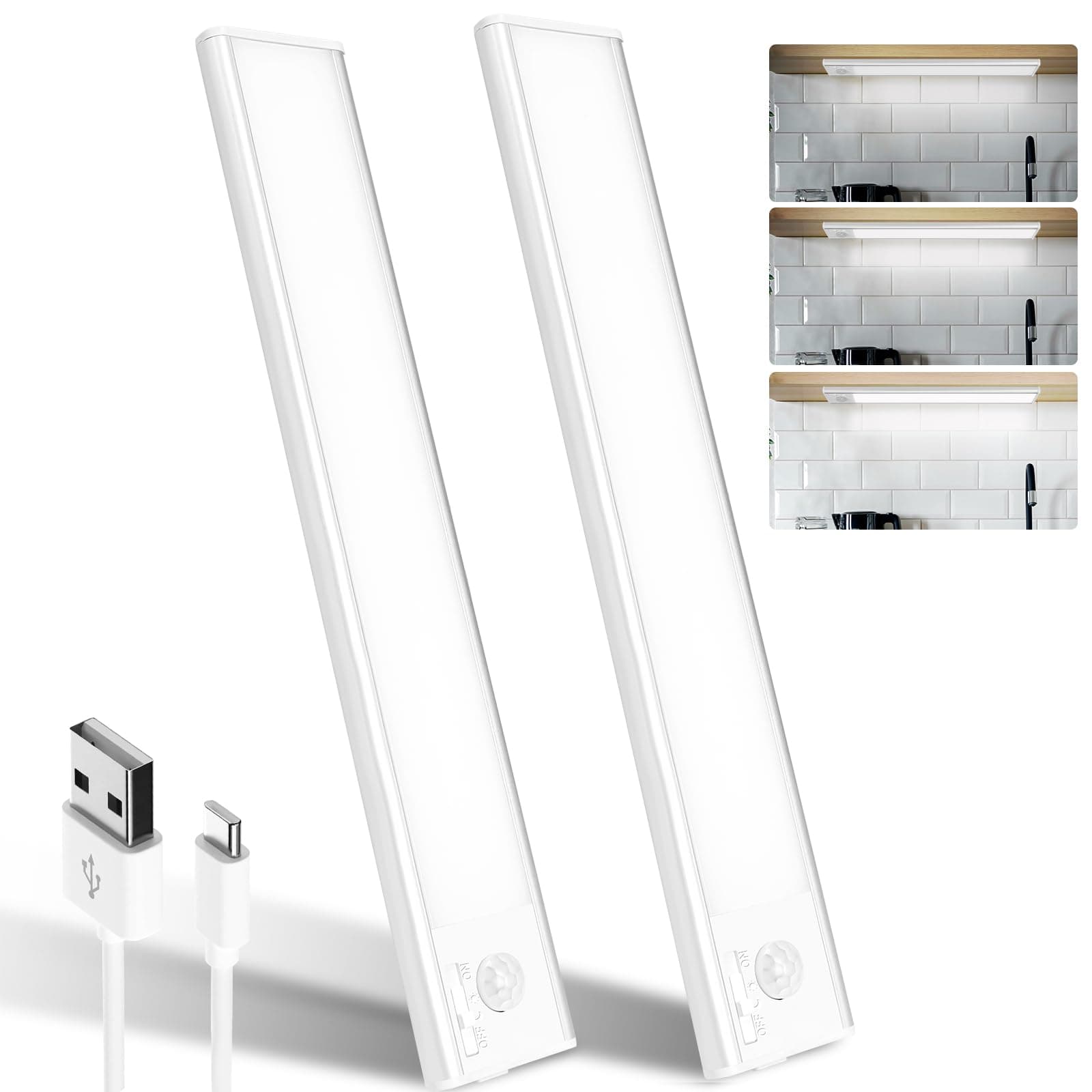 Luz Led Con Sensor De Movimiento，24cm，39 Led Cocina Bajo Mueble，3 models Luz Con Sensor De Movimiento ，1500mah 6500k Luces Led Cocina，Usb Lampara Led Recargable，Luz Led Adhesiva ，Luces Led Pilas，2Pack