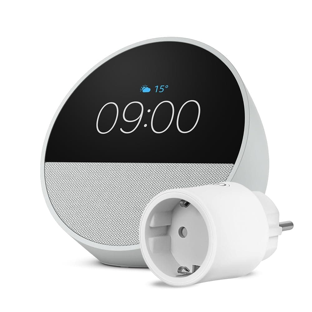 Echo Spot | Weiß + OSRAM SMART+ Smarte Steckdose mit Matter, Funktionert mit Alexa - Smart Home-Einsteigerpaket