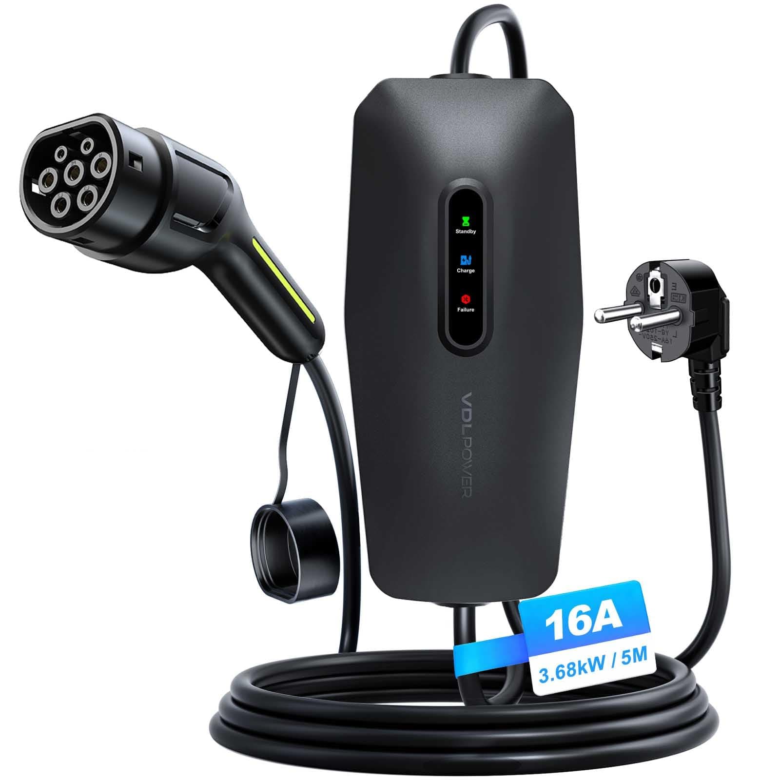 Chargeur Voiture Electrique,3.68KW/5M EV Chargeur Type 2, Cable Recharge Véhicule Electrique 16A avec EU Schuko Prise, Borne de Recharge Monophasé IP65, Compatible avec E-208, Model Y/3,ID.3, ID.4