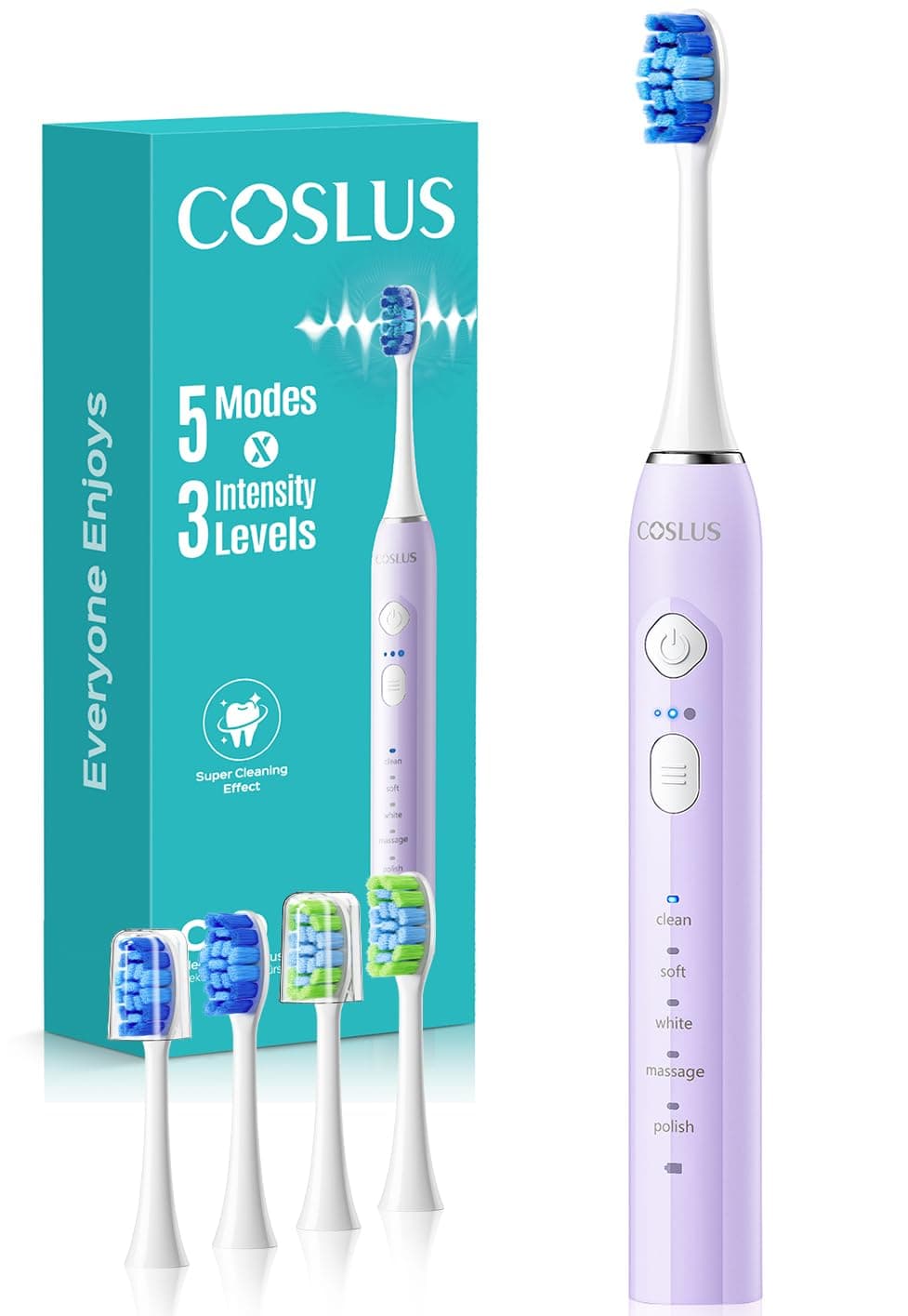 COSLUS C30 Cepillo de Dientes Eléctrico Sónico: 5 Modos con 3 Niveles de Intensidad - Diseñado para Dientes Sensibles - Adecuado para uso Doméstico o de Viaje - Dos Tipos de Cabezales de Cepillo