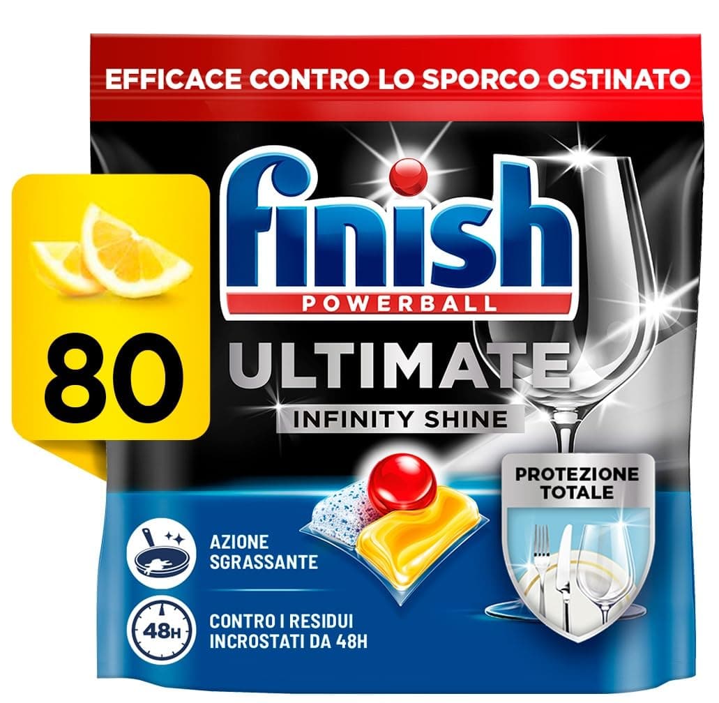 Finish Ultimate Infinity Shine Pastiglie Lavastoviglie, 80 Capsule Lavastoviglie al Limone, Pastiglie per Lavastoviglie contro lo Sporco e i Residui Incrostati