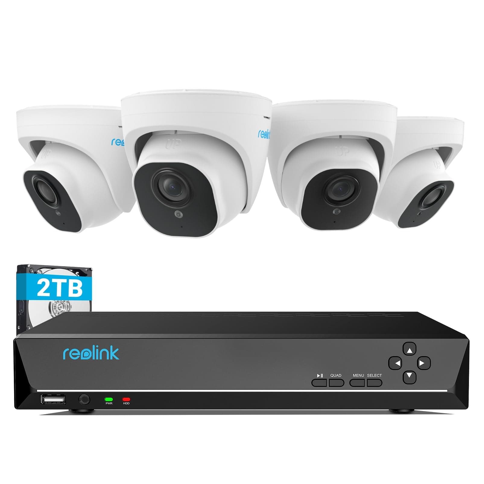 Reolink 4K Kit Cámaras de Vigilancia PoE H.265, 4X 8MP Detección de Personas/Vehículos Cámaras IP PoE Exterior y 8CH NVR con 2TB HDD para Grabación 24/7, Vision Nocturna, Audio, Alertas, RLK8-800D4