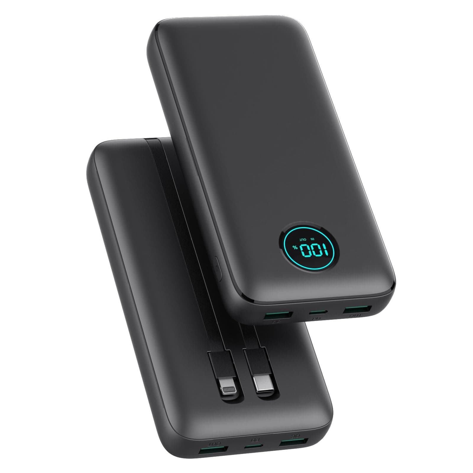 Power Bank 26800mAh con Cable, PD 25W QC4.0 Carga Rápida Batería Externa USB C, 5 Salidas Bateria Portatil con Pantalla LCD Cargador Portátil para iPhone 16/15/14, Samsung Huawei (Negro)