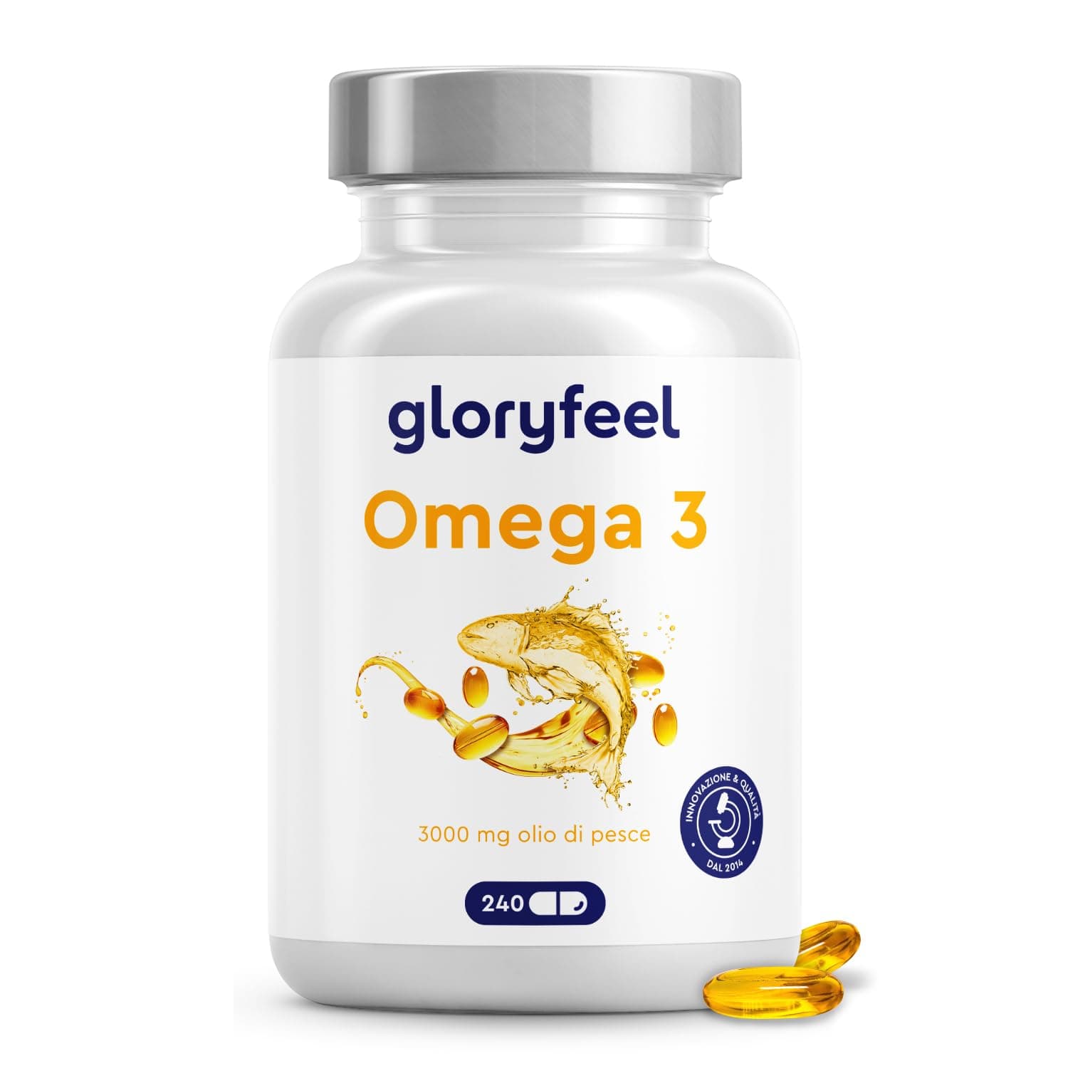 Omega 3 Capsule Alto Dosaggio, Senza Retrogusto di Pesce*, 3000mg Olio di Pesce (Forma di Trigliceridi), 240 Capsule con Vitamina E, Integrazione Ideale di EPA e DHA, Testato in Laboratorio