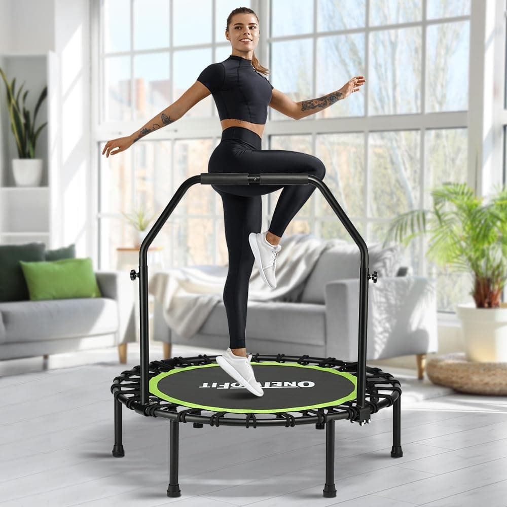 ONETWOFIT Trampolín Plegable para Adultos 101/107/114cm, Mini trampolín de Fitness, con Mango de Espuma Ajustable, elásticos, Ejercicio silencioso para Interior Personal