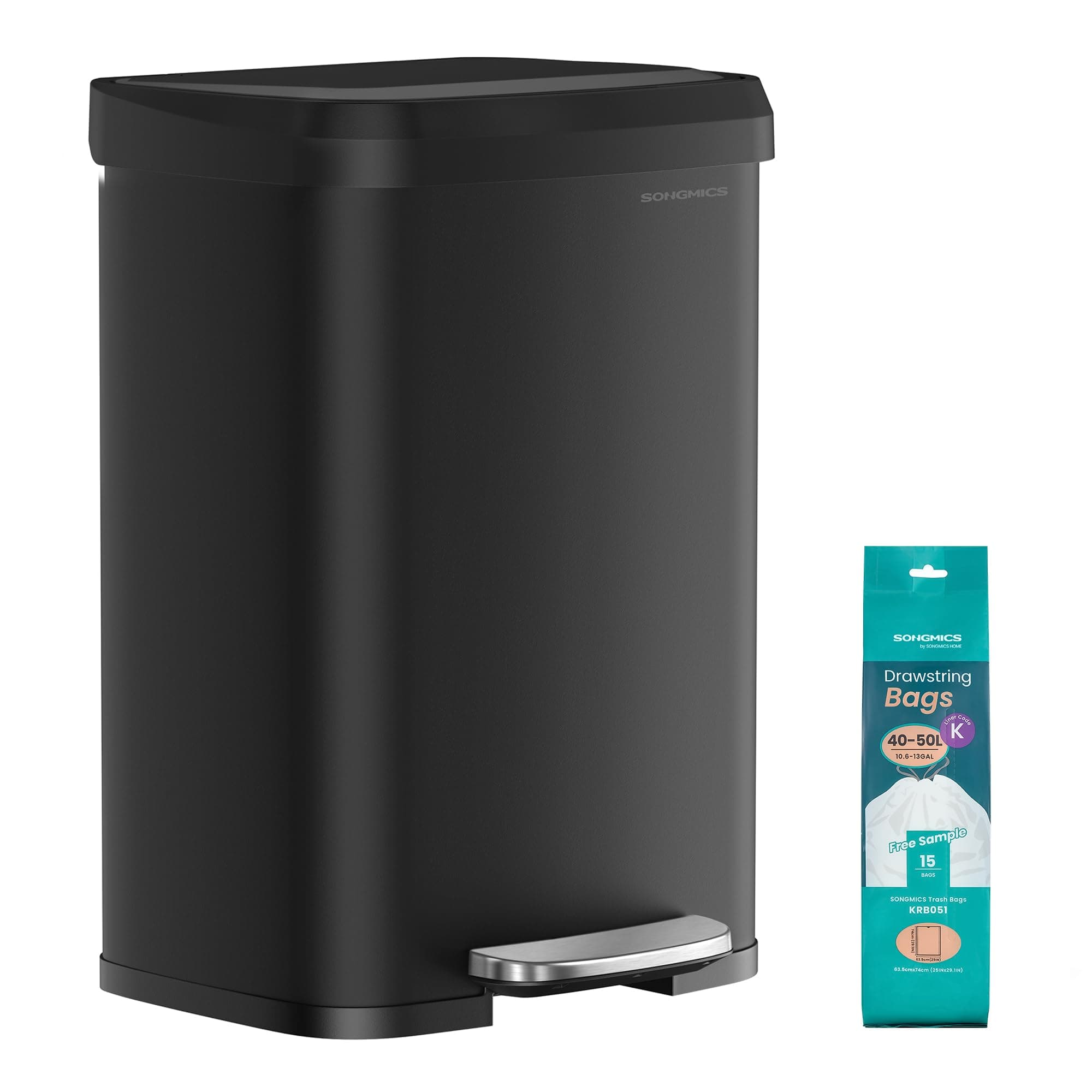 SONGMICS Poubelle de Cuisine, 50L, Poubelle à Pédale en Métal avec Couvercle, Grande et Haute, Noir LTB530B5002