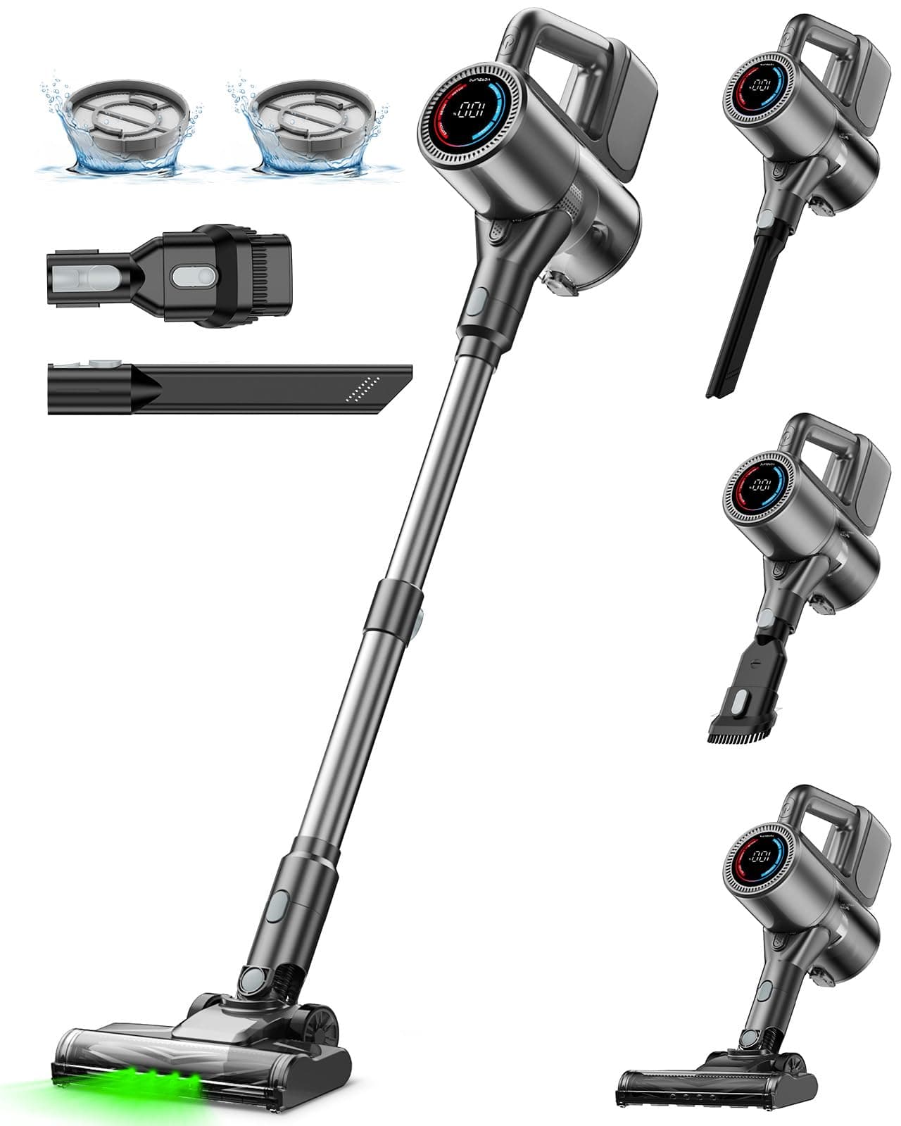 VersLife Aspirateur Balai sans Fil, 500W/40KPA Aspirateur Balai léger avec 45 Min d'autonomie, écran LED et Lumières Vertes, aspirateur autoportant pour sols durs, moquettes et Poils d'animaux