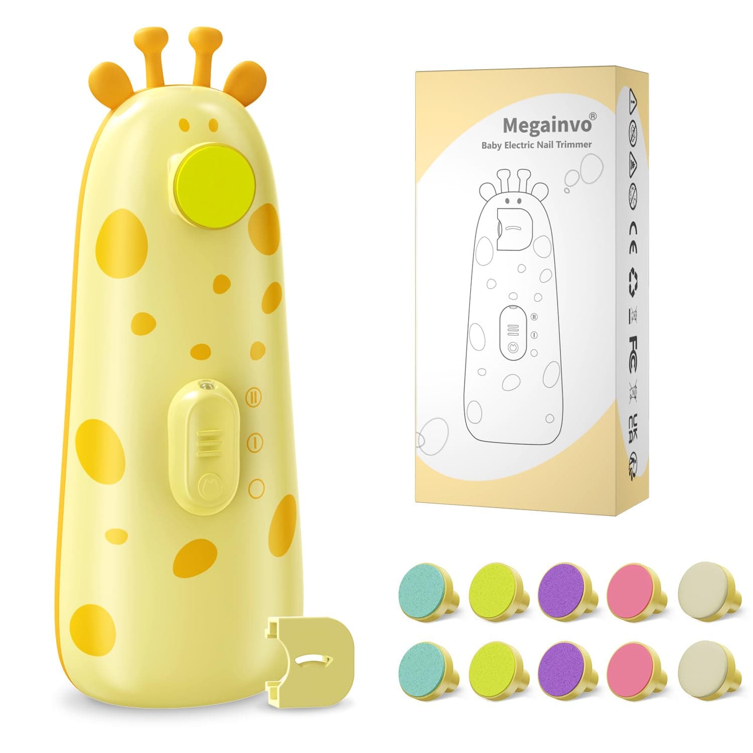 Tagliaunghie Elettrica Lima per Unghie per Bambini Megainvo 13 in 1 Sicura Nails Trimmer Cura per Neonato con 10 Testina di Ricambio e Luce, Giallo
