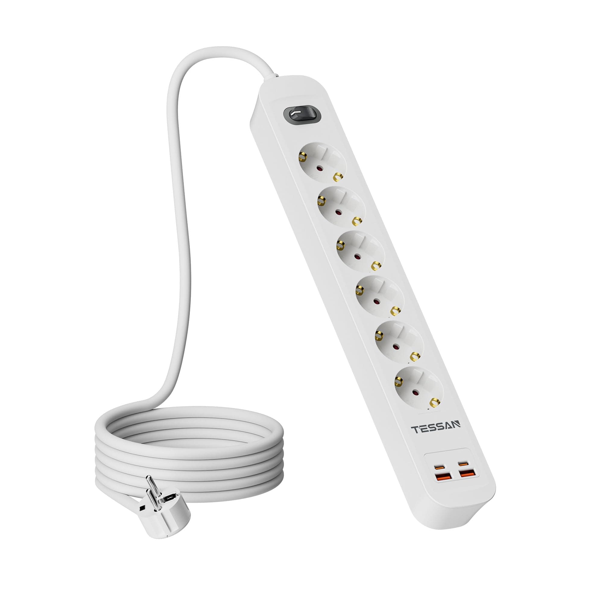 TESSAN 10 en 1 Regletas Enchufes de 6 Tomas con 2 USB C(20W), Alargador Enchufe 5 Metros, Ladron Enchufes 3680W con Interruptor, Enchufe Plano Regleta para Casa, Oficina, Cocina, Salón, Blanco