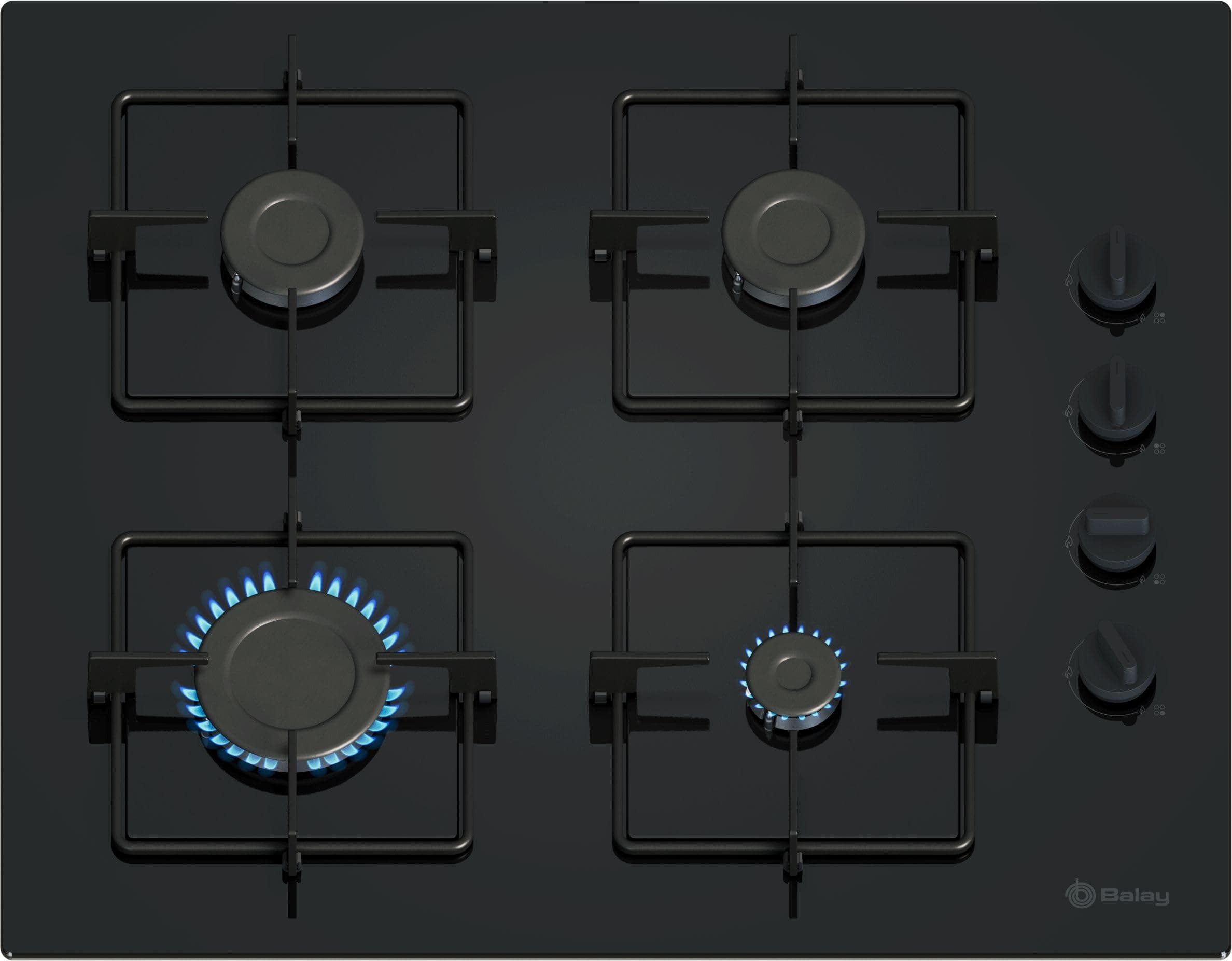 Balay - Placa de Gas, 60 cm de ancho, 4 Zonas de Cocción, Control de llama, Autoencendido, GasStop, negro, 3ETG464SB