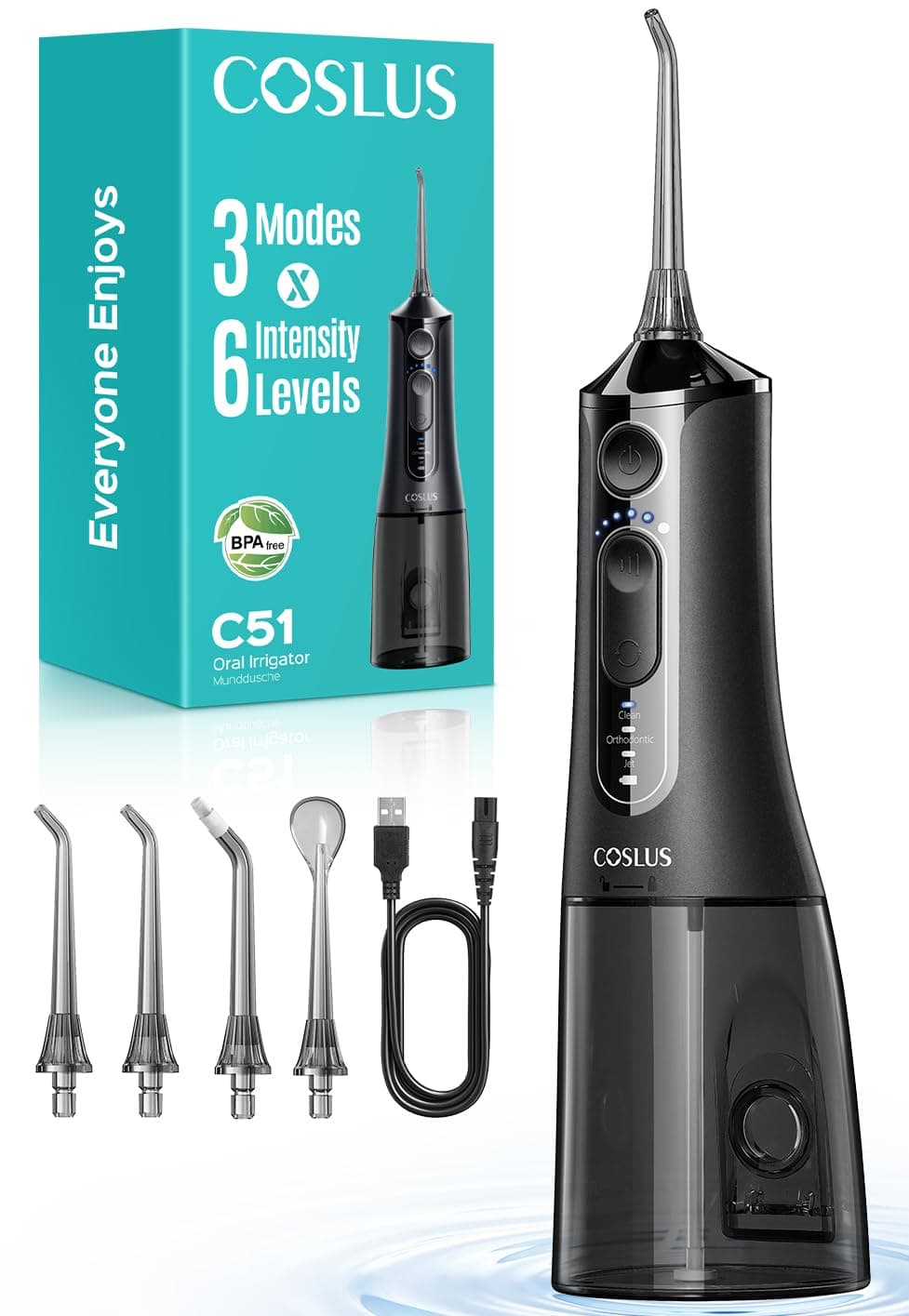 COSLUS C51 Irrigador Dental Bucal Portatil: 3 Modos y 18 Presión Ajustable -300ml IPX7 Irrigador Bucal Inalámbrico para Ortodoncia/Encías Sensibles -Limpieza Dientes de Hogar Viaje - 4 Boquillas Negro