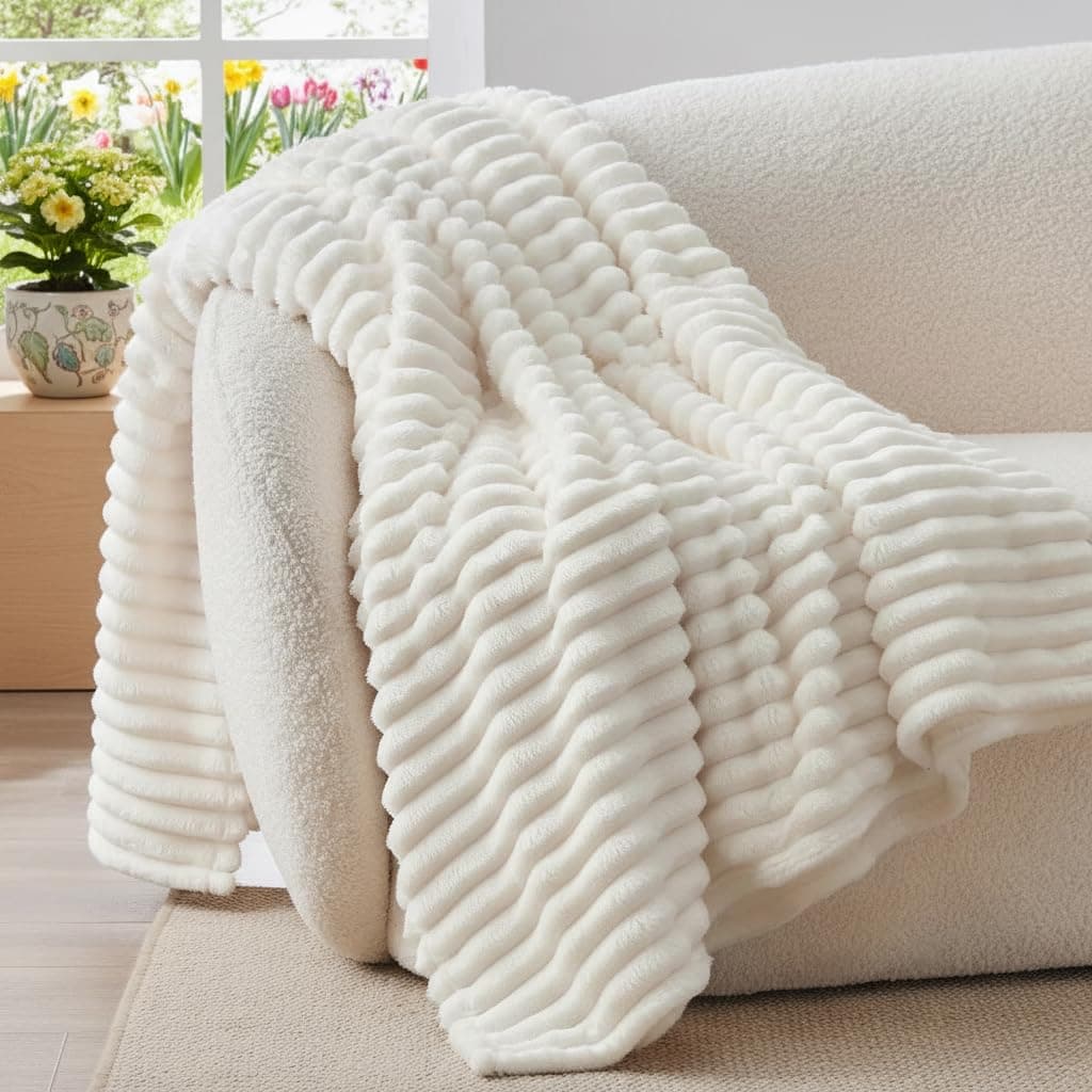 BEDELITE Plaid Polaire Blanc Crème pour Canapé - Couverture Hiver 125x150 cm Doux et Chaud, Cadeau Coconning Idéal pour Femme et Homme