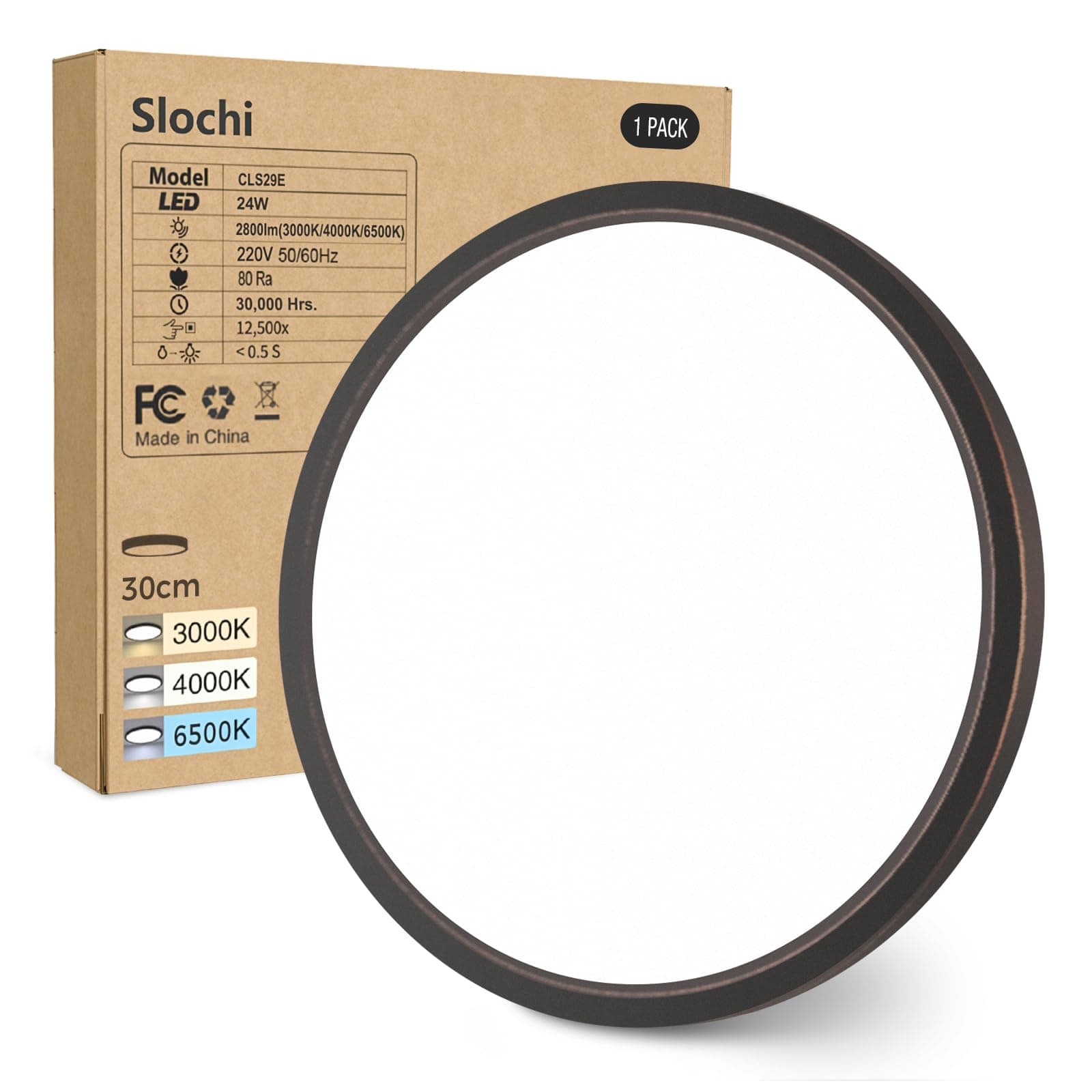 slochi Plafoniera LED Soffitto, 3000K/4000K/6500K IP44 Impermeabile Lampada da Soffitto, 24W 2800LM Plafoniera Bagno per camera da letto, Cucina, Soggiorno, Balcone, Ø30cm