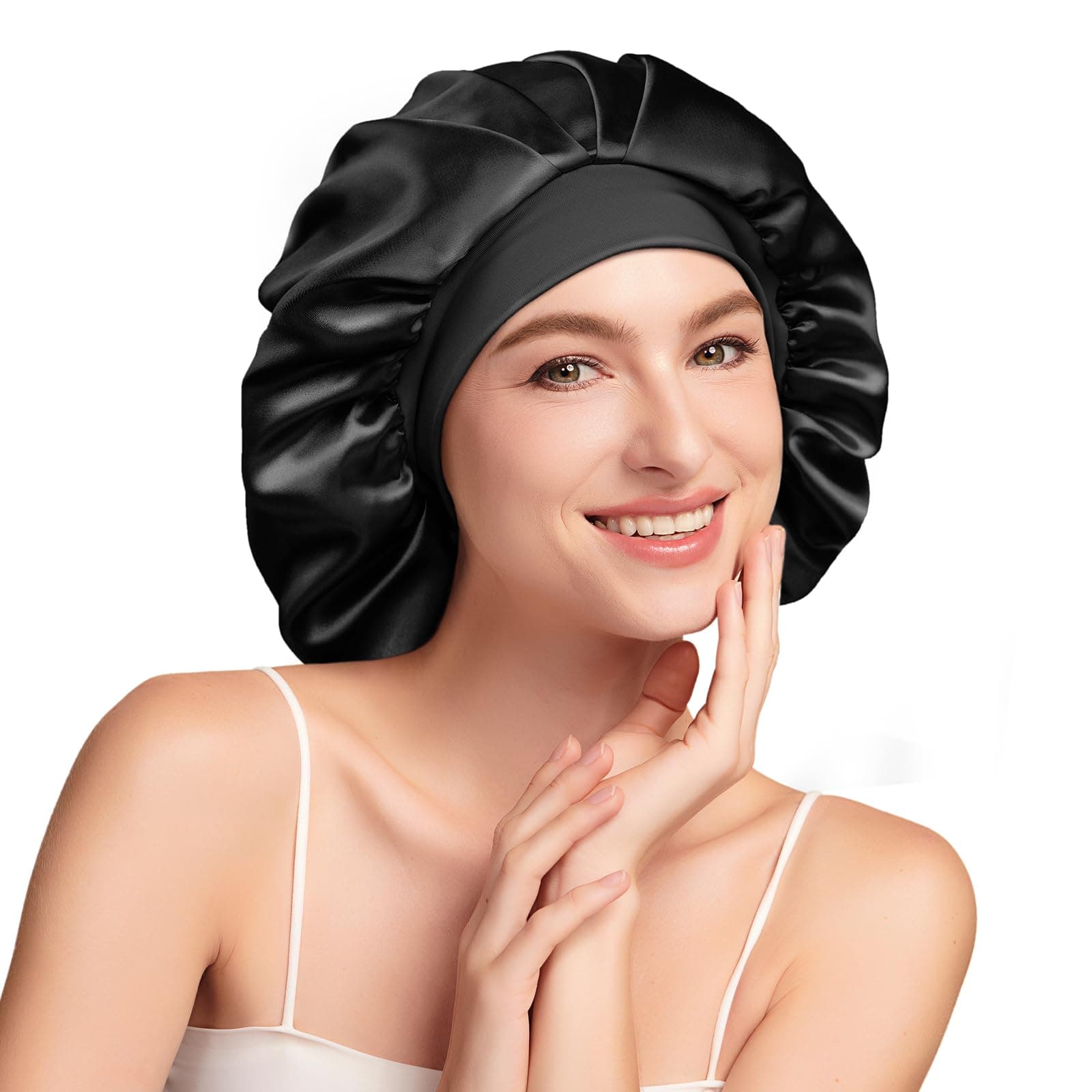 Umisleep Bonnet Soie Cheveux Nuit avec Doublure Soie de mûrier 22 Momme – Double Couche, Grande Taille pour Cheveux Longs ou bouclés, Bande Large réglable, Ultra-Doux, Noir+Violet