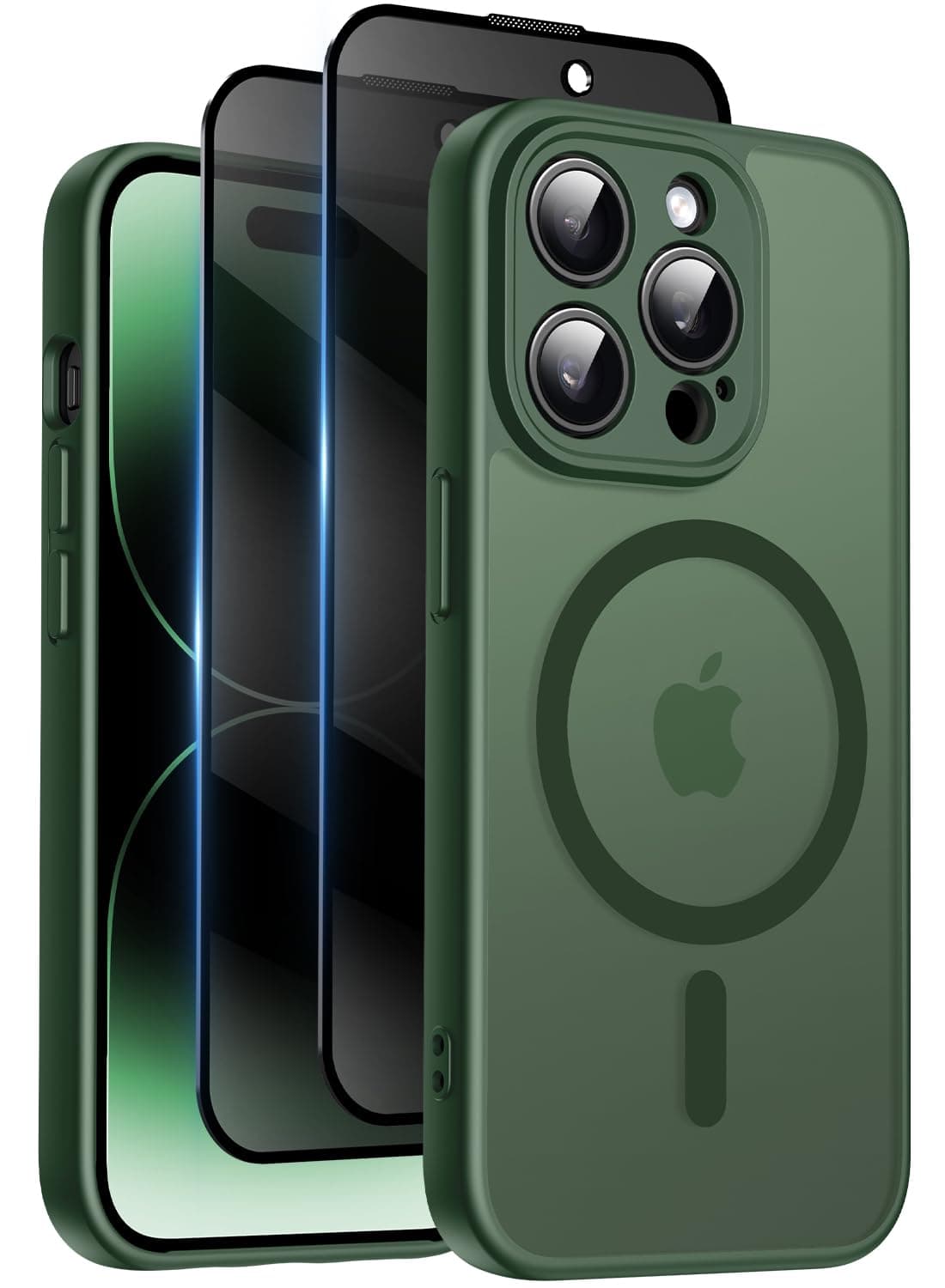 Qasyfanc Coque Magnétique pour iPhone 14 Pro Max 6,7 Pouces avec 2 Verre Trempé Anti-Espion, Compatible avec MagSafe, Étui Mat Translucide Arrière Housse Antichoc Anti-Rayures, Vert Foncé