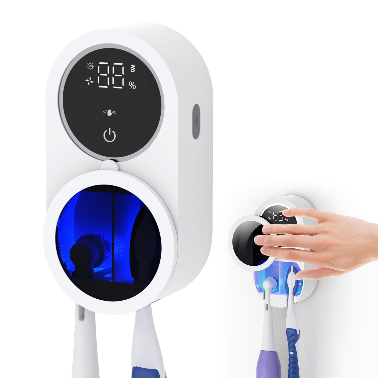LifeBasis Esterilizador Cepillo Dientes UV-C y UV-A Doble Desinfección Batería de Larga Duración 50 Días Soporte Cepillo de Dientes con Secado por Aire Montado en la Pared, 2 Ranuras para Cepillos