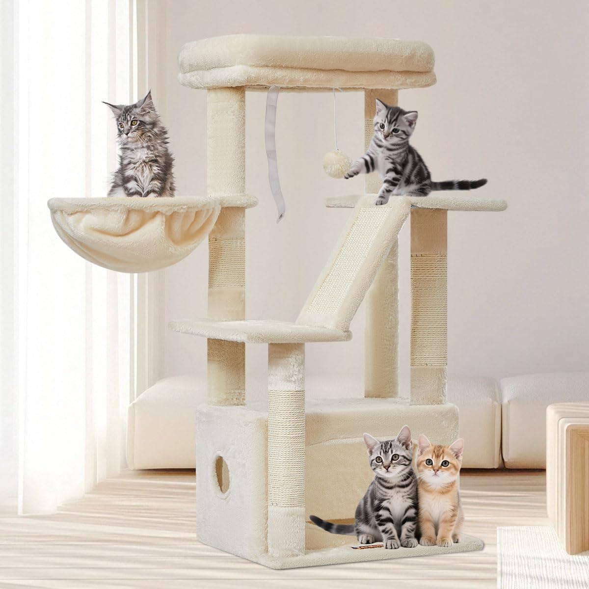 Taoqimiao Rascador para Gatos, 98cm Arbol Rascador para Gatos Cat Tree com 1 Plataformas, 1 Cuevas, Cesta, MS029SM Beige