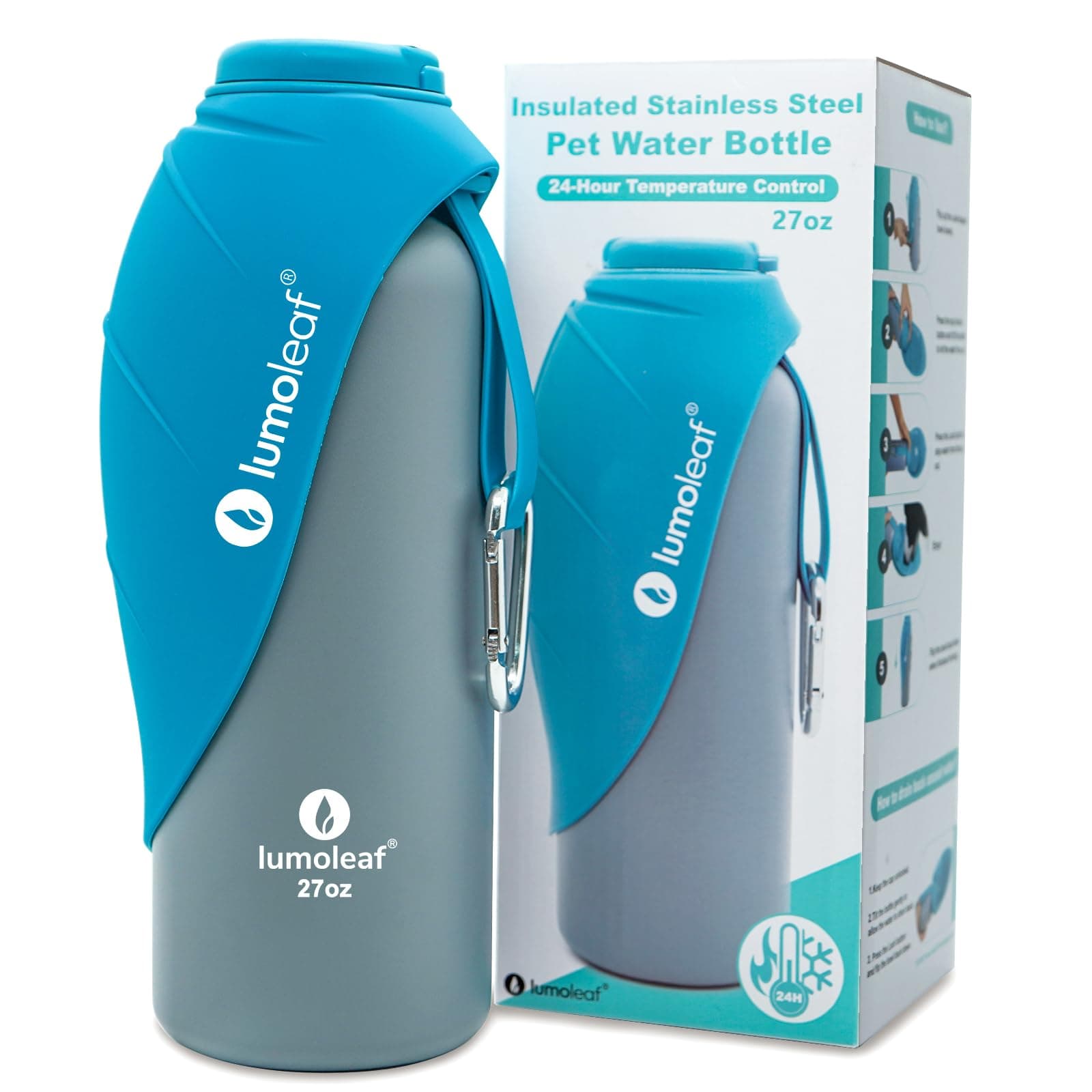 LumoLeaf Gourde Isotherme pour Chien 800 ML en Acier Inoxydable – Garde l’Eau Fraîche ou Tiède, Gamelle de Voyage Intégrée, Étanche, Ouverture pour Ajouter Glaçons Nettoyer Facilement (Bleu, 800 ML)