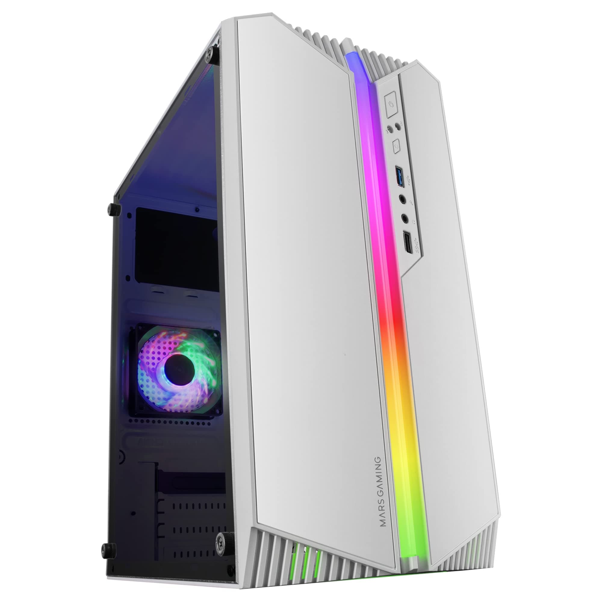 Mars Gaming MC-S1, Caja Gaming MicroATX Compacta, Ventana Lateral Completa, Tira LED ARGB 12 Modos, Ventilador Trasero 80mm FRGB, Soporte Refrigeración Líquida 120mm, Minitorre PC USB 3.0, Blanco