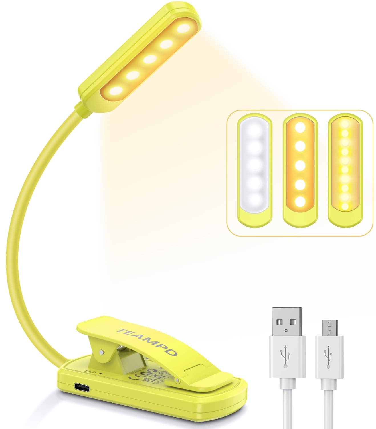 TEAMPD Lampada da lettura [gialla], lampada da libro a 9 LED, 3 temperatura di colore (bianco/caldo/bianco caldo), luce ricaricabile tramite USB, collo flessibile a 360°, clip flessibile sulla luce da