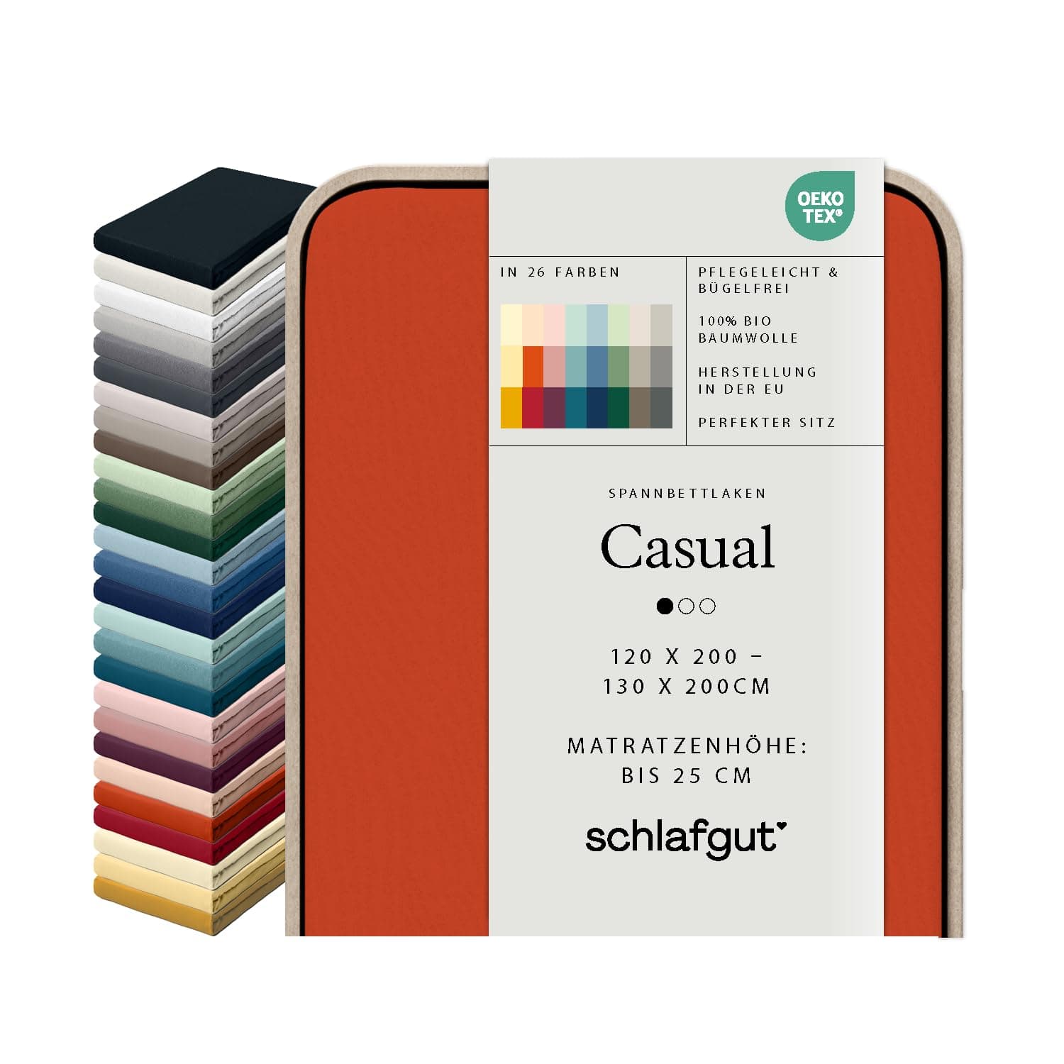 schlafgut Casual Spannbettlaken 100% Bio Baumwolle Made in Green by Oeko TEX (120x200cm bis 130x200cm Matratzenhöhe bis 25cm, Red Mid)