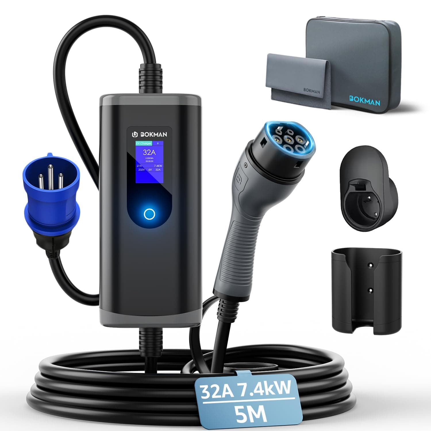 bokman Cargador Coche Eléctrico 7,4kW, 5 Metros / 6-32A / Monofásico / IP65 Impermeable/CEE, Tipo 2 de Carga para Vehículos Eléctricos con Cable