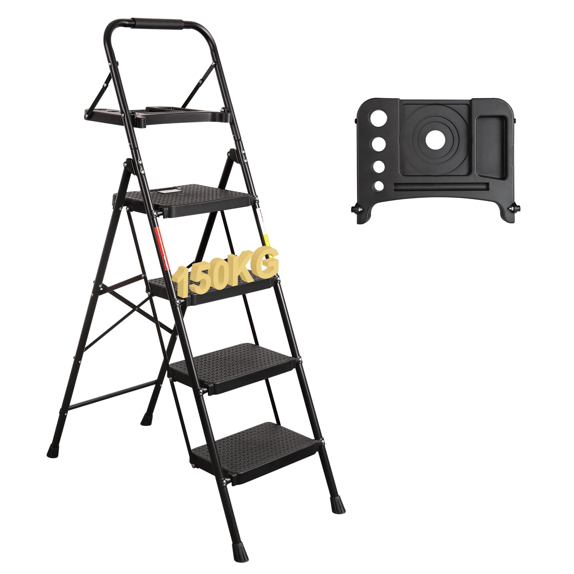BONTEC Escaleras Plegables de 4 Escalones, Capacidad de 150KG con Pedales Antideslizantes Anchos, Taburete de Mano de Acero, Manubrio de Esponja, Uso en Interiores y Exteriores, Negro