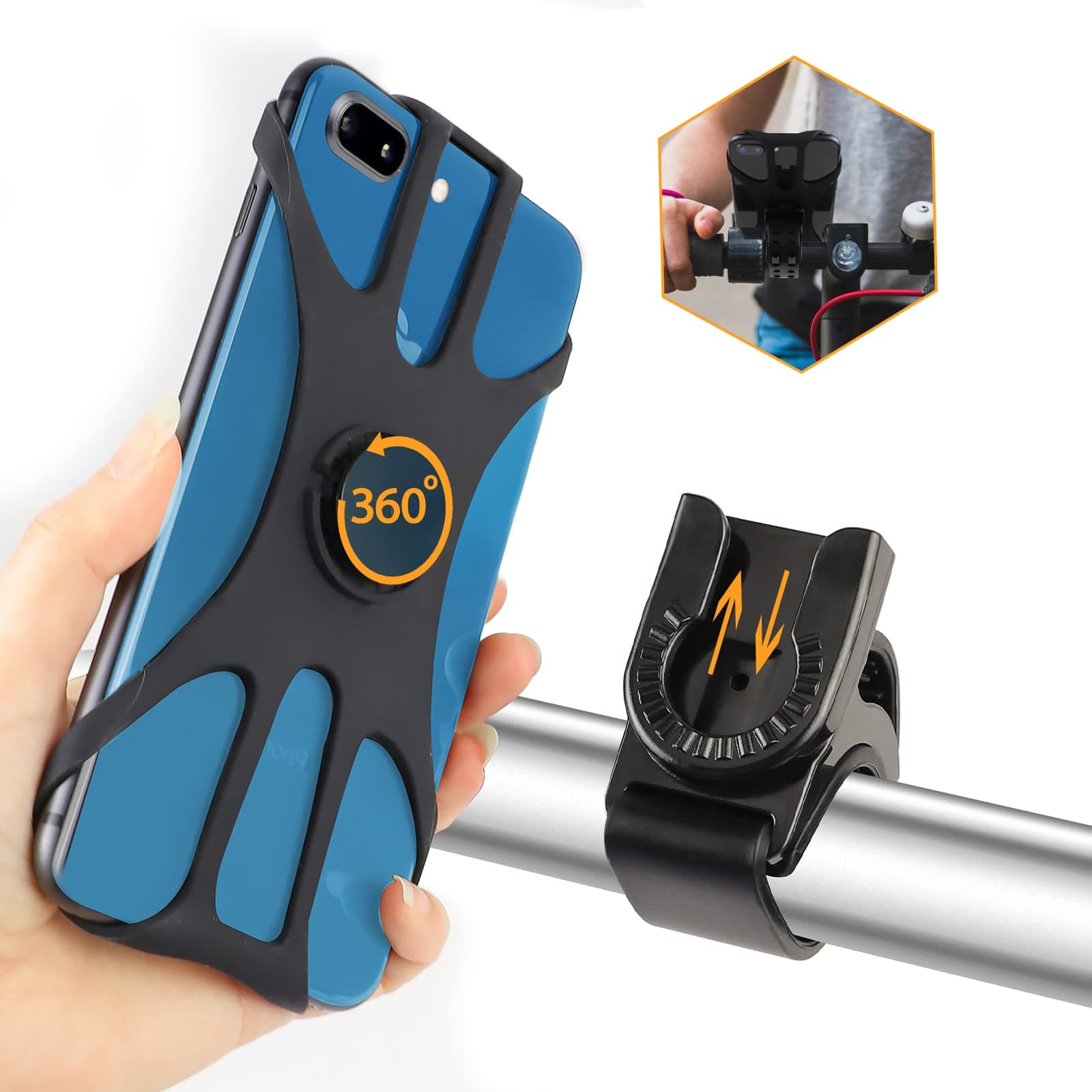 Rouclo Porta Cellulare Bici, Universale Supporto Smartphone per Bici 360° Rotabile, Staccabile Telefono Porta per MTB Moto Bicicletta Compatibile con iPhone 15/14/13/12, Smartphone 4.5"-7.0" (Nero-4)