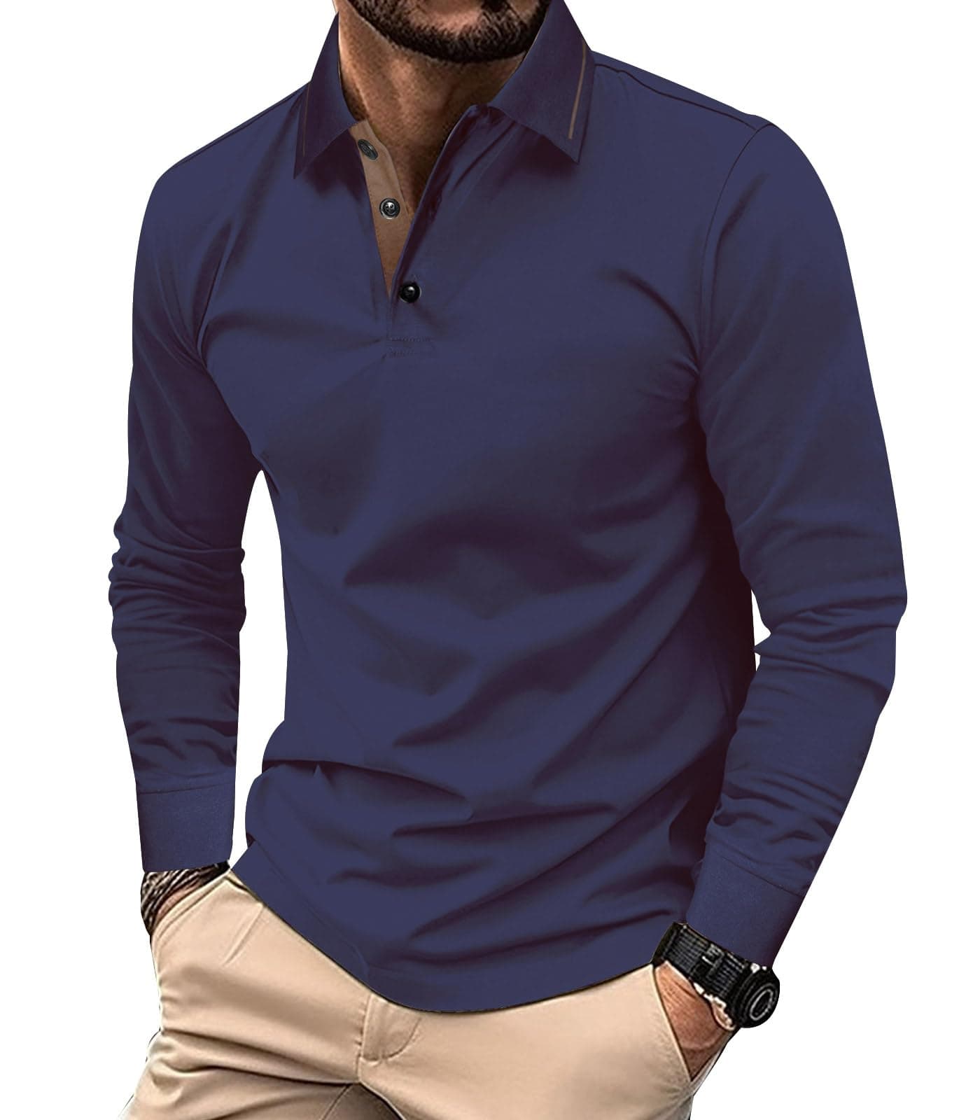 Comilaka Uomo Polo Casual Manica Lunga Poloshirt Top Golf Maglietta Cotone Colori a Contrasto Autunno Inverno Classico