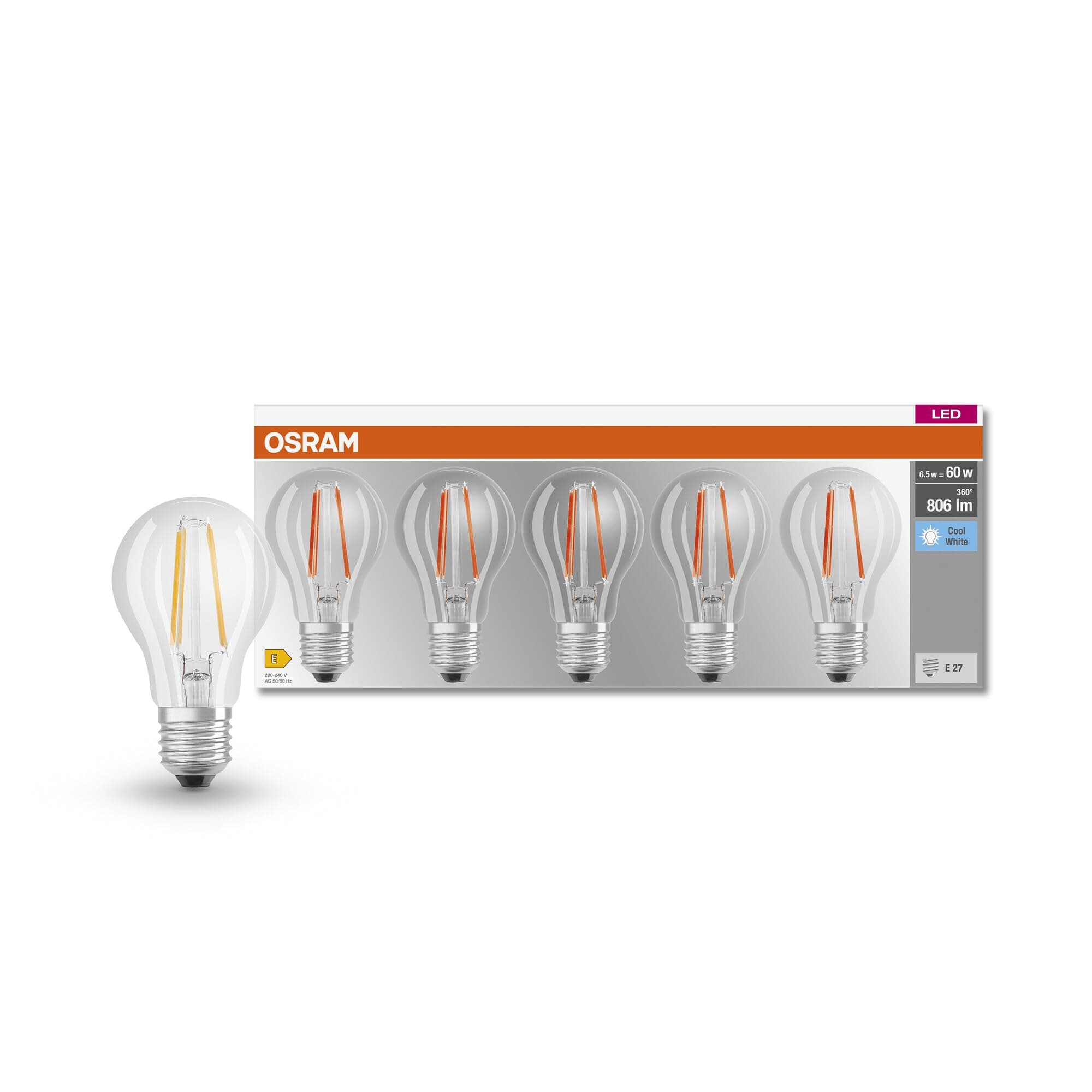 Osram LED Base Classic A60, klare Filament LED-Lampen aus Glas für E27 Sockel, Birnenform, Kaltweiß (4000K), 806 Lumen, Ersatz für herkömmliche 60W-Glühbirnen, 5er-Box