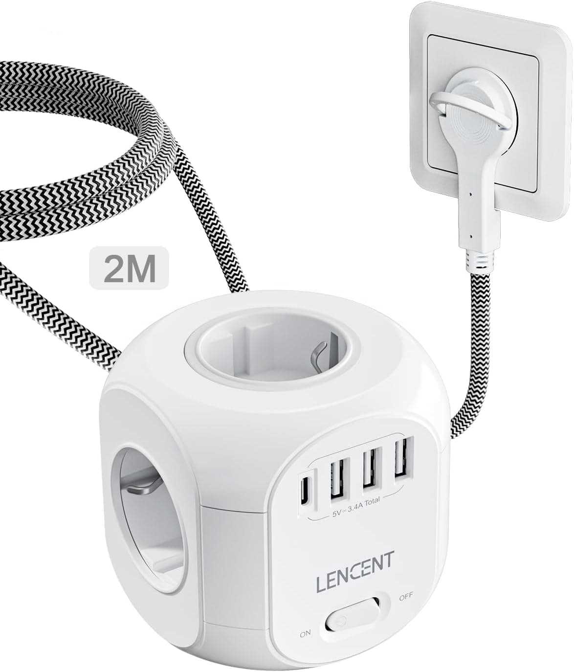 LENCENT Cubo Regleta Enchufes 2M con Enchufe Plano Regleta para Uso Interior, Regleta Enchufes Plano con 4 Tomas de CA, 3 USB y 1 Tipo C para Familia, Cocina y Oficina