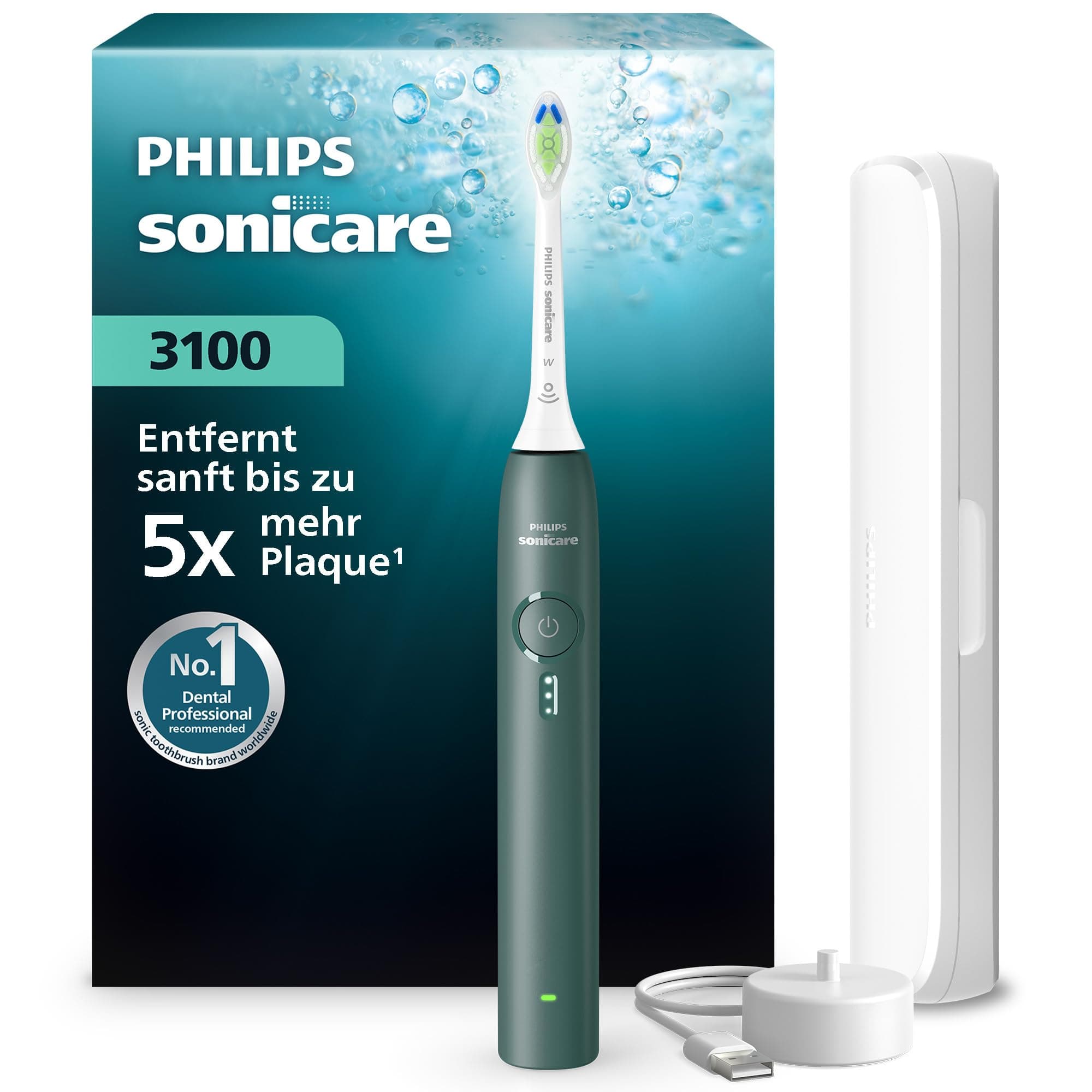 Philips Sonicare Series 3100 Elektrische Zahnbürste - Schallzahnbürste mit Drucksensor, 3 Intensitätsstufen, EasyStart, SmarTimer, 14 Tage Laufzeit, Reiseetui, Dunkelgrün, HX4033/26, [Neu]