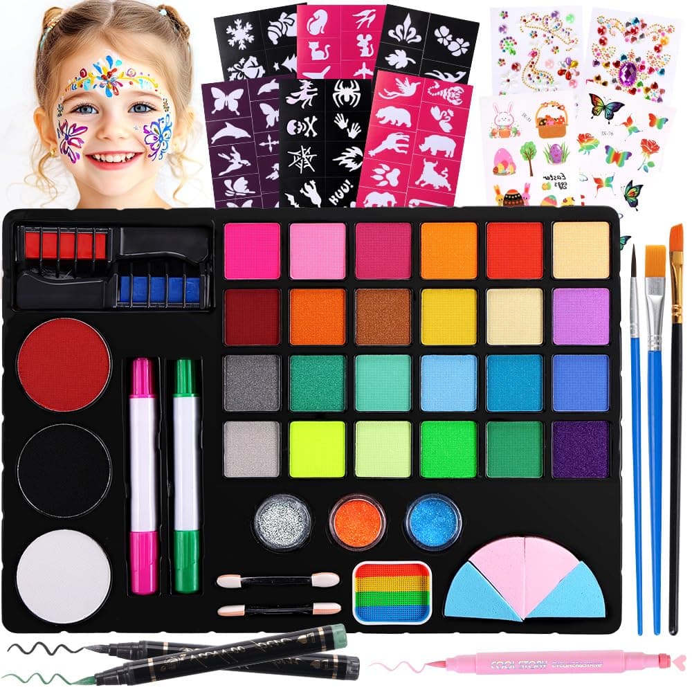 Janolia Pintacaras Infantil, 27 Colores Pinturas Cara para Niños con 3 Pinceles, 58 Plantillas, Pintura Cara Niños Hipoalergenica, Maquillaje Infantil Face Paint Halloween Fiesta Carnaval