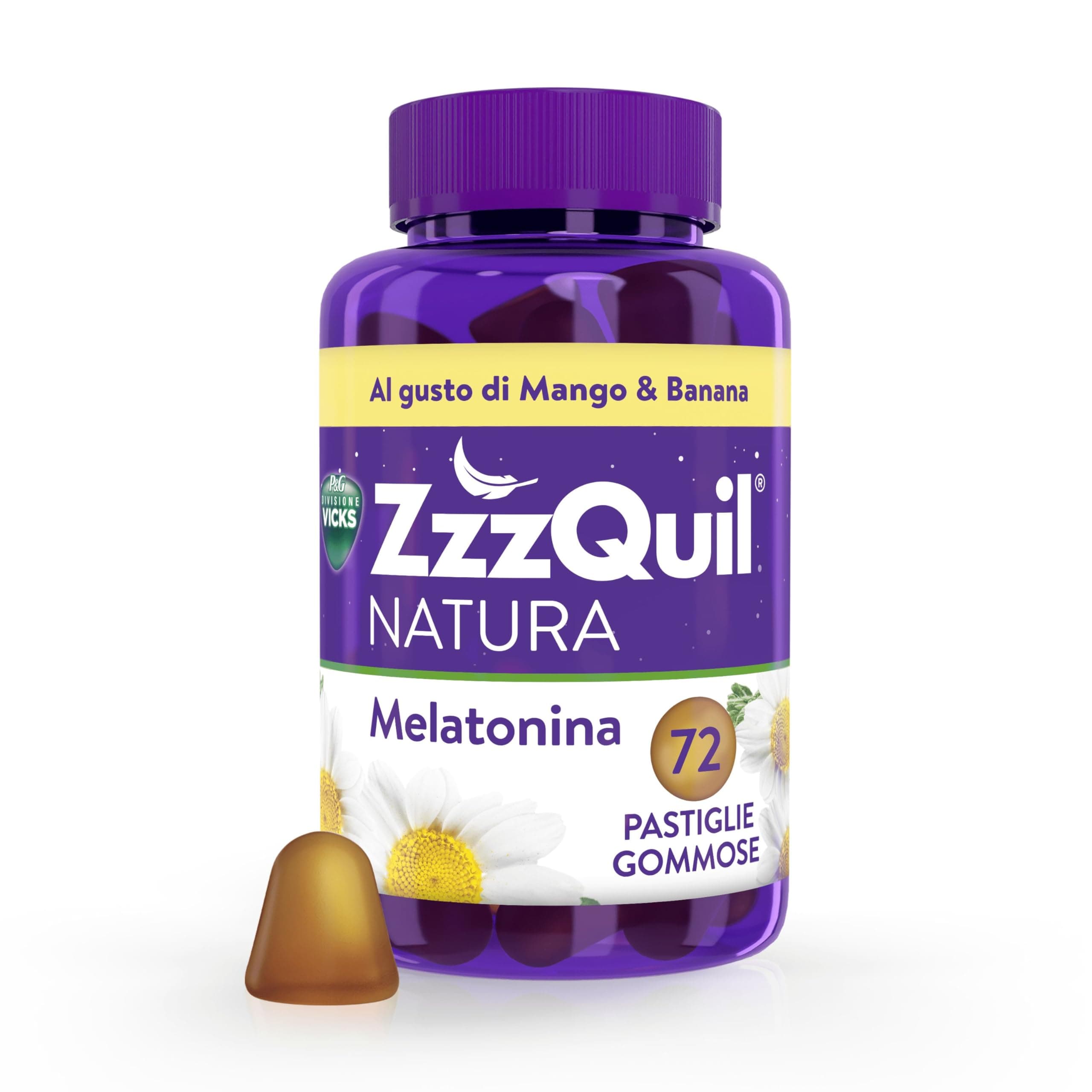 ZzzQuil Natura Melatonina Integratore per Dormire, Gusto Mango e Banana, Con Valeriana, Camomilla, Vitamina B6 e Estratti alle Erbe, 72 Gommose
