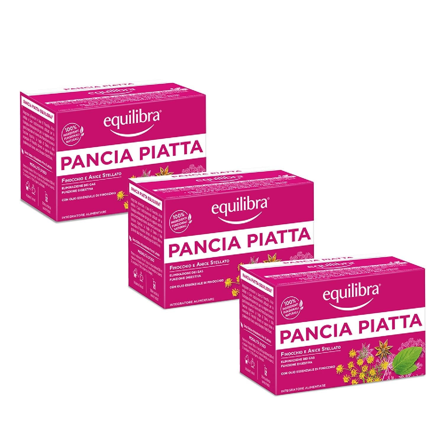 Equilibra Integratori Alimentari Tisane, Tisana Pancia Piatta, 100% Ingredienti Funzionali per la Digestione, con Finocchio, Anice Stellato e Carvi, Materiali 100% Riciclabili, 3 Pezzi da 15 Filtri