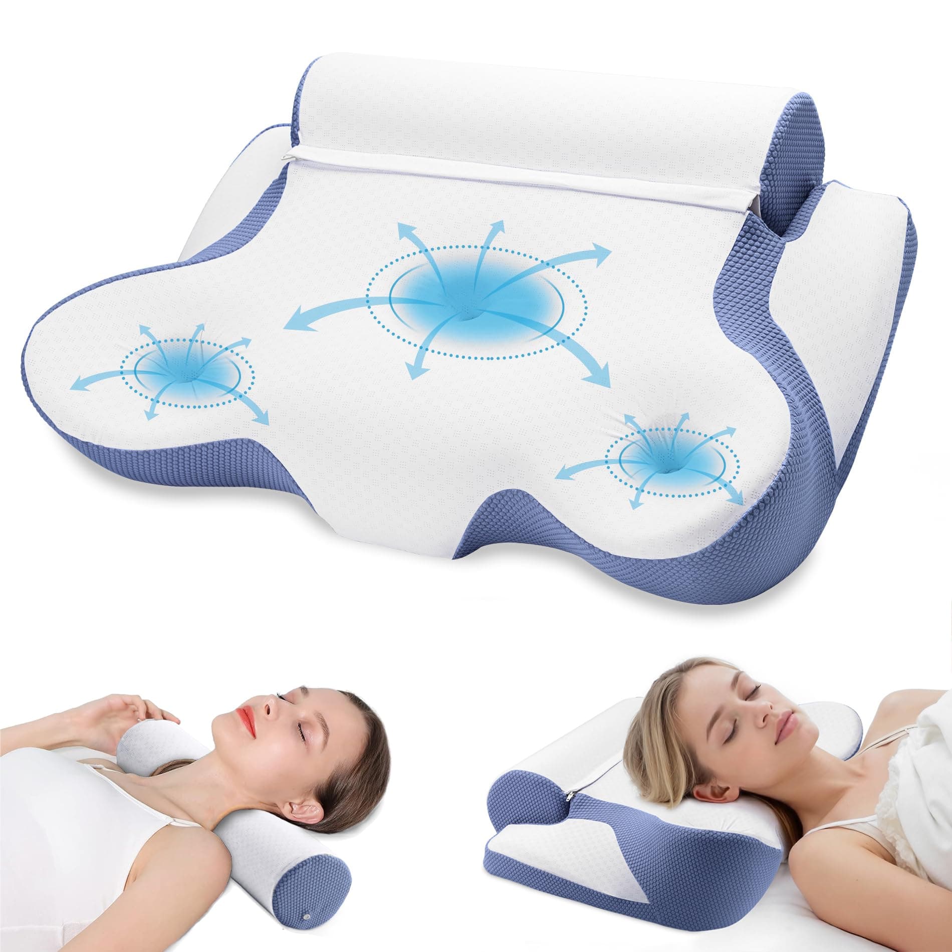 TopEsct Cuscino Cervicale per Dormire, 2 in 1 Cuscino Ergonomico Memory Foam Cervicale, Cuscino Cervicale & Cuscino Cilindrico (Blu)