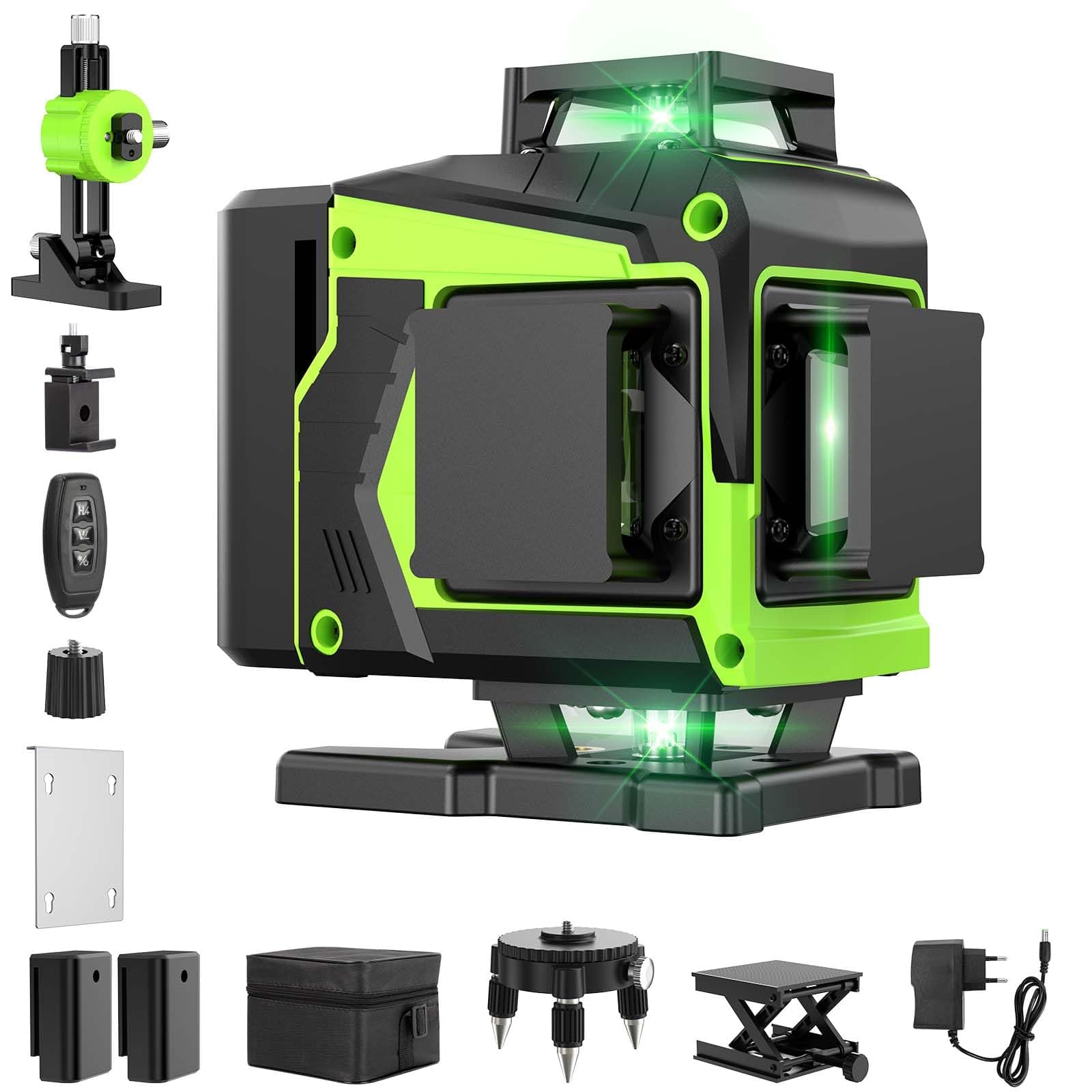 Niveau Laser Chantier Autonivelant 360° x 4, Laser Niveaux 4D 16 Lignes Laser, Autonivellement et Mode Pulsé Extérieur, 2 x Batterie, Nivellement Automatique, Support Rotatif, Télécommande