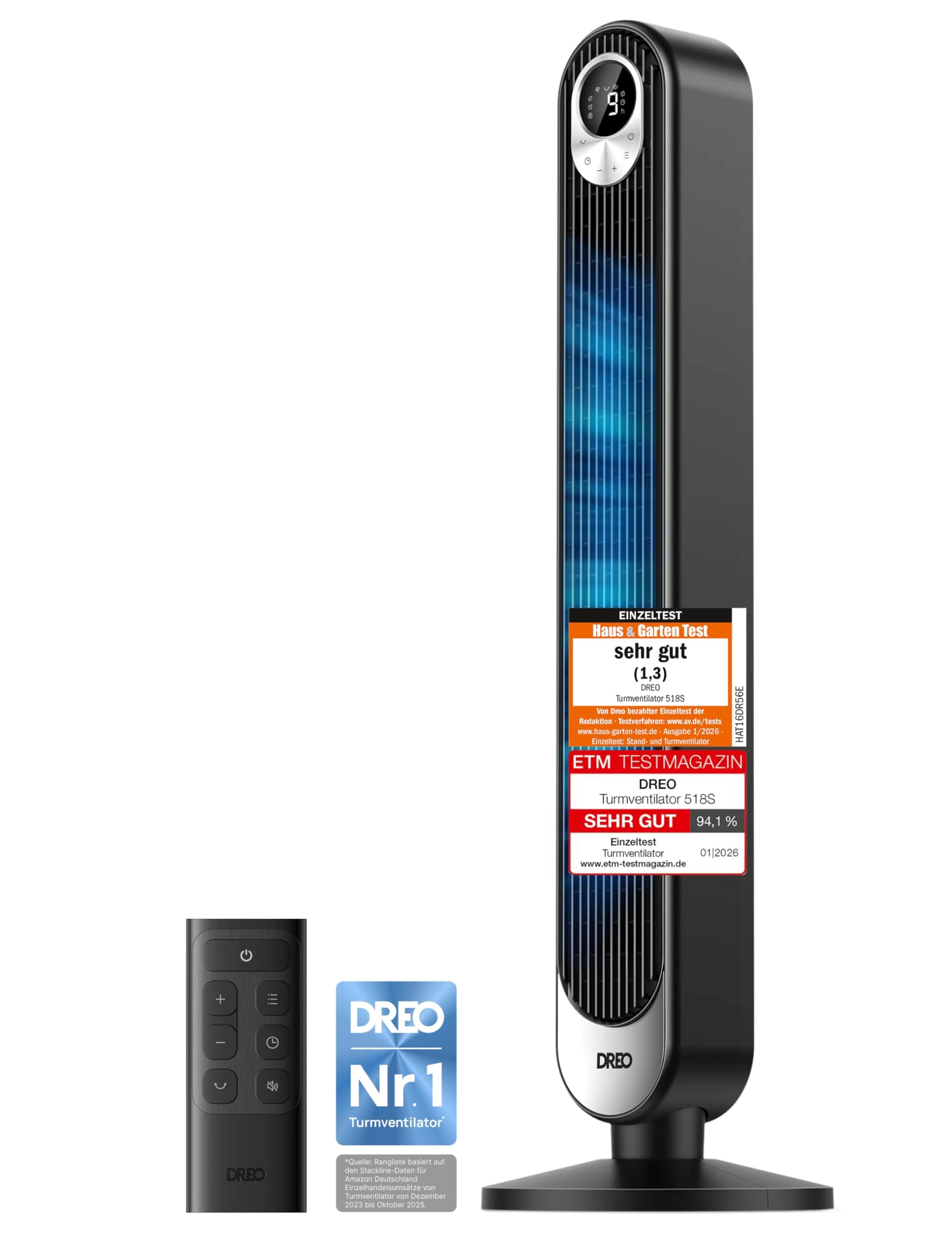 DREO DC Motor Turmventilator Leiser, 11M Windentfernung Ventilator mit Kühlung Fernbedienung, 9 Stufen 4 Modi, 90° Oszillierender Stand Ventilatoren für Schlafzimmer, Tower Fan mit 12H Timer