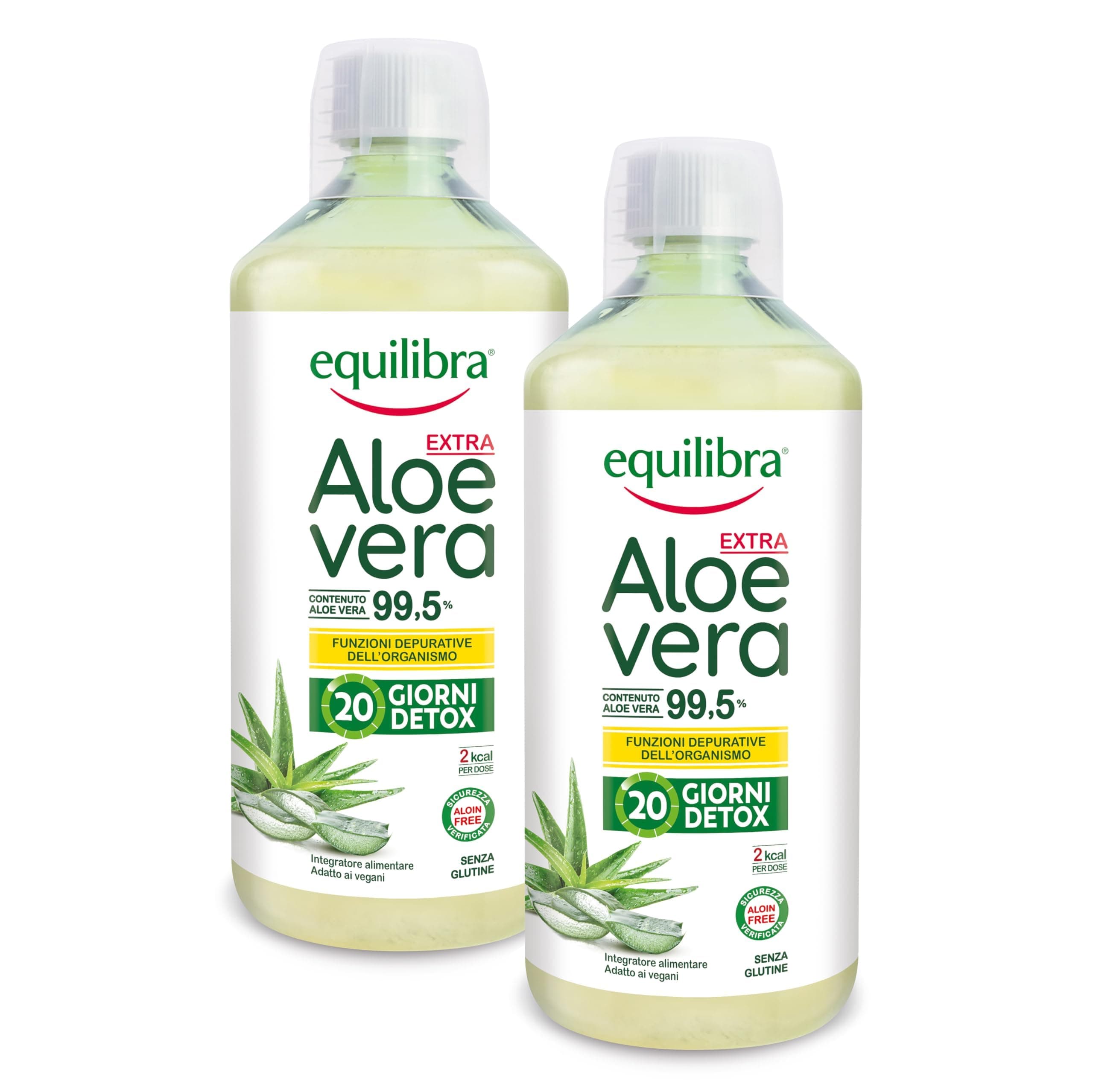 Equilibra Aloe Vera da Bere, 100% Pura Polpa di Aloe, 2x1000 ml per 40 Giorni, Azione Depurativa e Lenitiva, Senza Zuccheri, con Polisaccaridi, Da Bere Puro o Diluito in Acqua