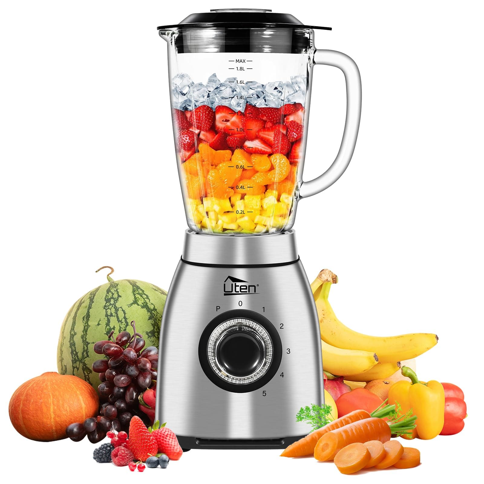 Uten Blender à Smoothie 2 L, Mixeur de Cuisine 1800 W, Impulsion et 5 Vitesses, Mixer sur Pied avec Bocal en Verre, Boîtier en Acier Inoxydable, Lame à 6, pour Milkshakes, Grains de Café Moulus
