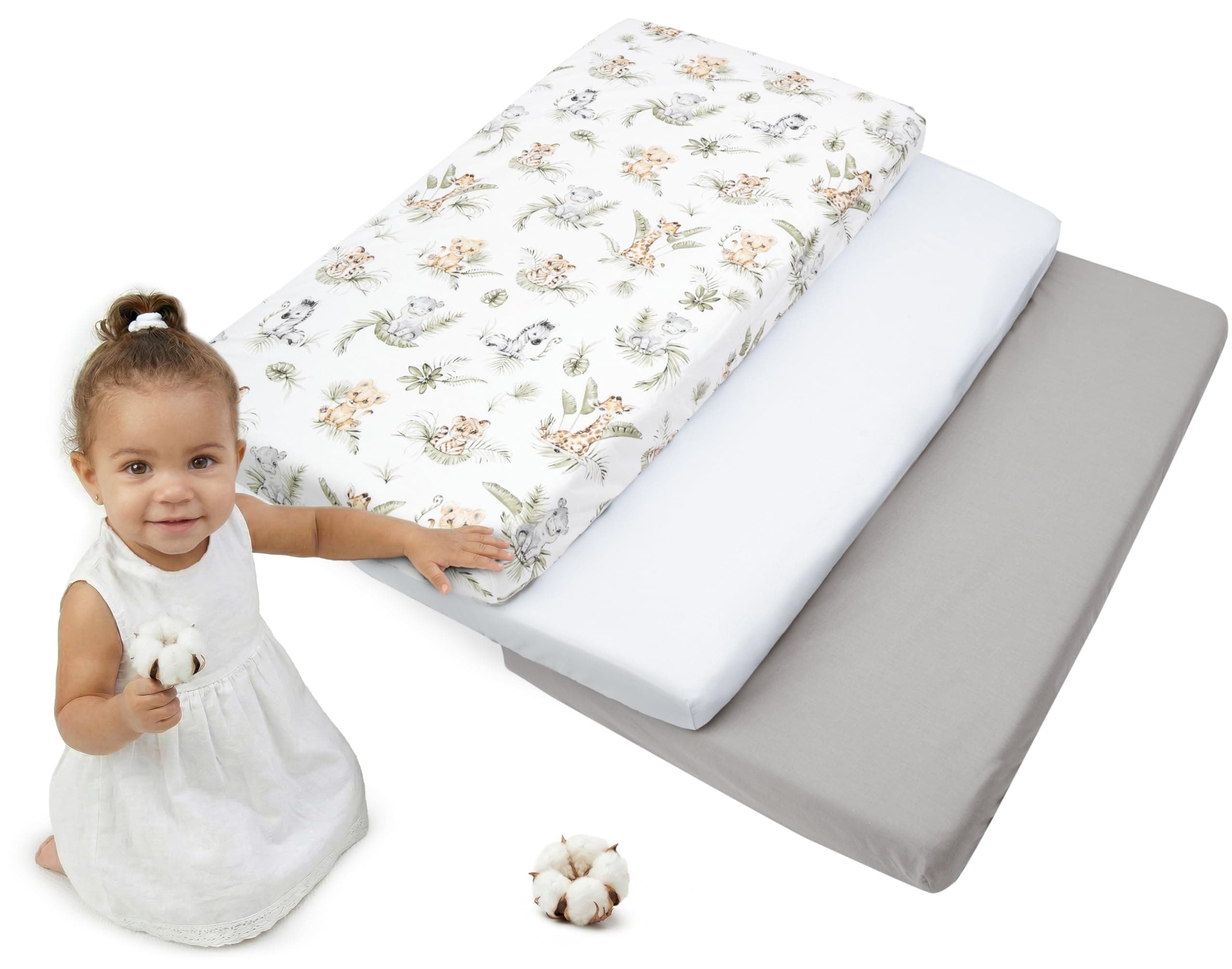Medi Partners Sabana Bajera Cuna 60x120 Set de 3-100% Algodon Sabanas de Algodón Bebe Ropa de Cama para Bebés Dormir Cuna Fitted Bed Sheet Protector (Safari-Blanco-Gris)
