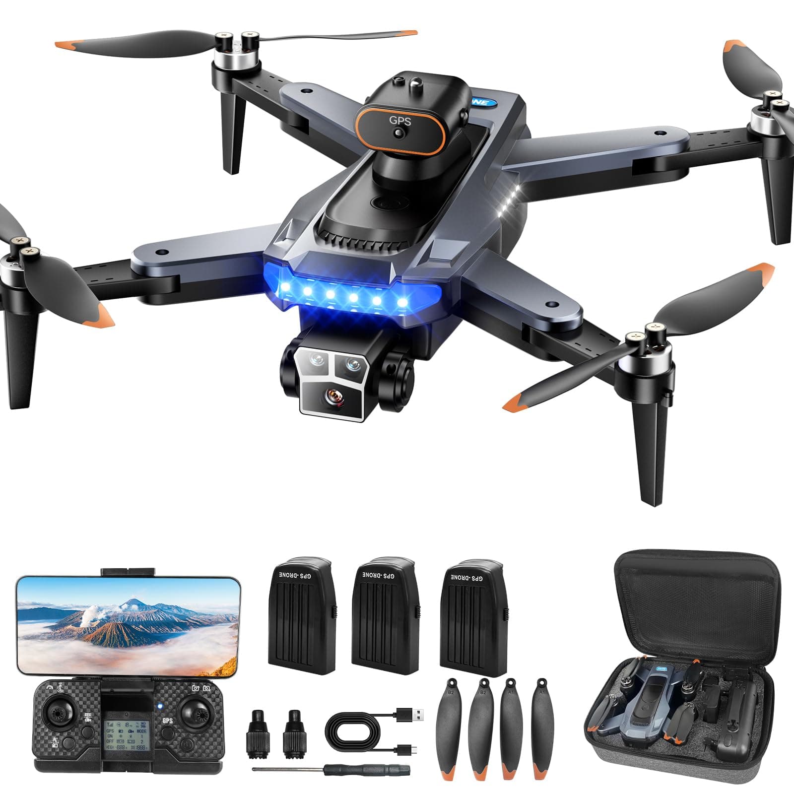 Dron con Cámara 4K Profesional, P17 GPS para Adultos y Principiantes, 60 Minutos de Vuelo, Cámara Ajustable, Retorno a Casa, <249g(Negro)(Medio)