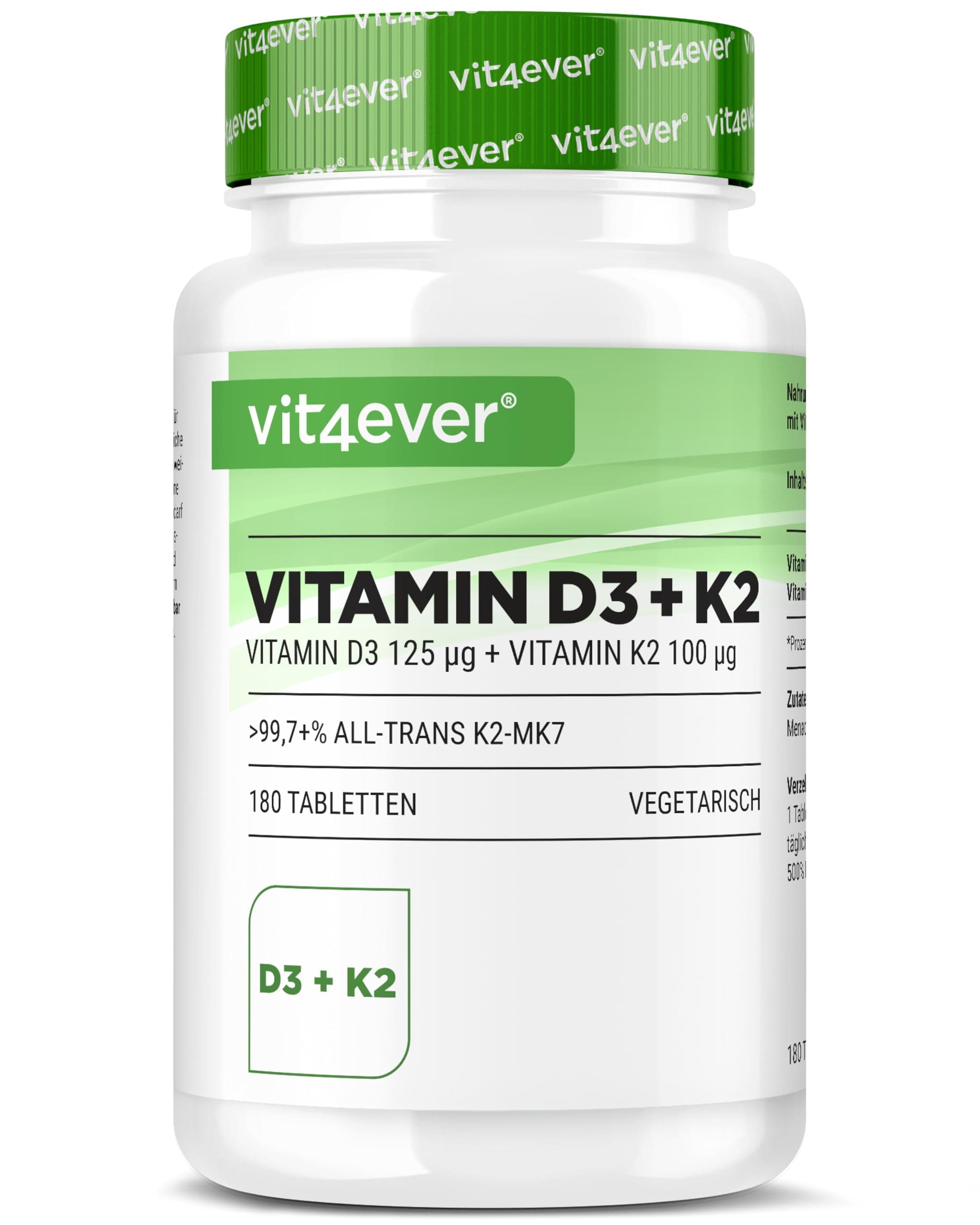 vit4ever Vitamin D3 + K2 Depot - 180 Tabletten - Premium Rohstoff: 99,7+% All-Trans - Mit 5000 I.E. Vitamin D3 pro Tablette - Vegetarisch - Premium Qualität - Ohne unnötige Zusätze