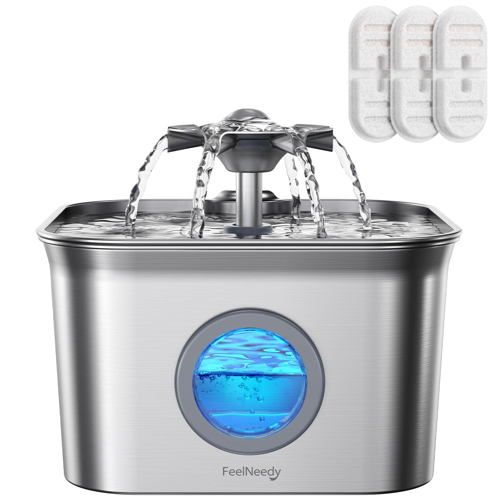 2,8L Fontaine a Eau Chat INOX avec 3 Filtres, FEELNEEDY Fontaine à Eau pour Chat, Système de Quadruple Filtration, Facile à Mettoyer, Ultra Silencieux, Compatible Lave-Vaisselle