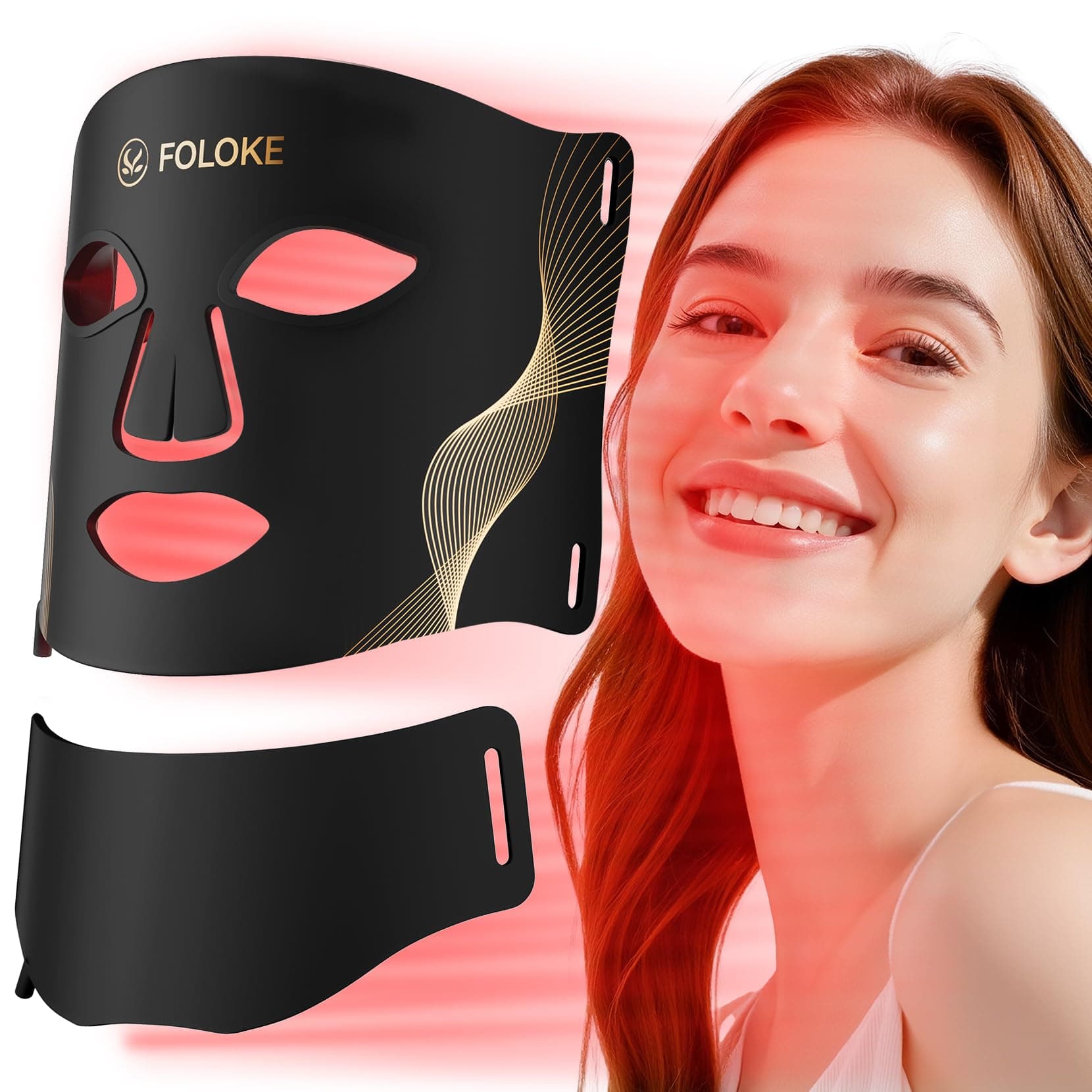 FOLOKE Masque LED de Luminothérapie Visage et Cou, LED à Lumière Rouge et Infrarouge, Masque Facial LED pour Soin du Visage à Domicile (Noir)