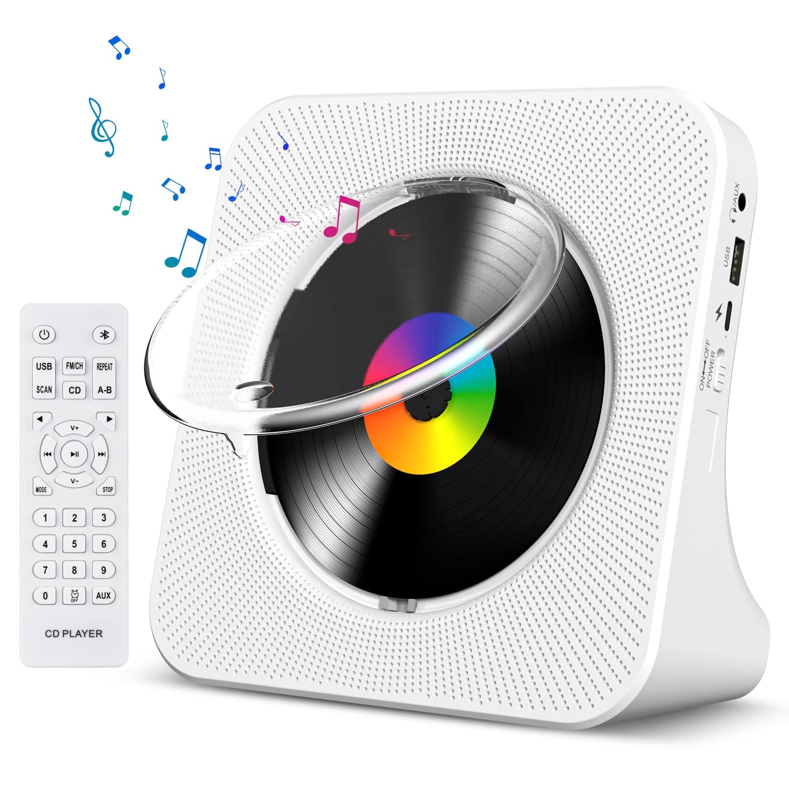 Lecteur CD de Bureau avec Bluetooth Gueray Lecteur CD Mural Haut-parleurs HiFi Intégrés Portables avec écran LED Audio Domestique Boombox Radio FM USB Type-c Lecteur de Musique MP3 (Blanc)