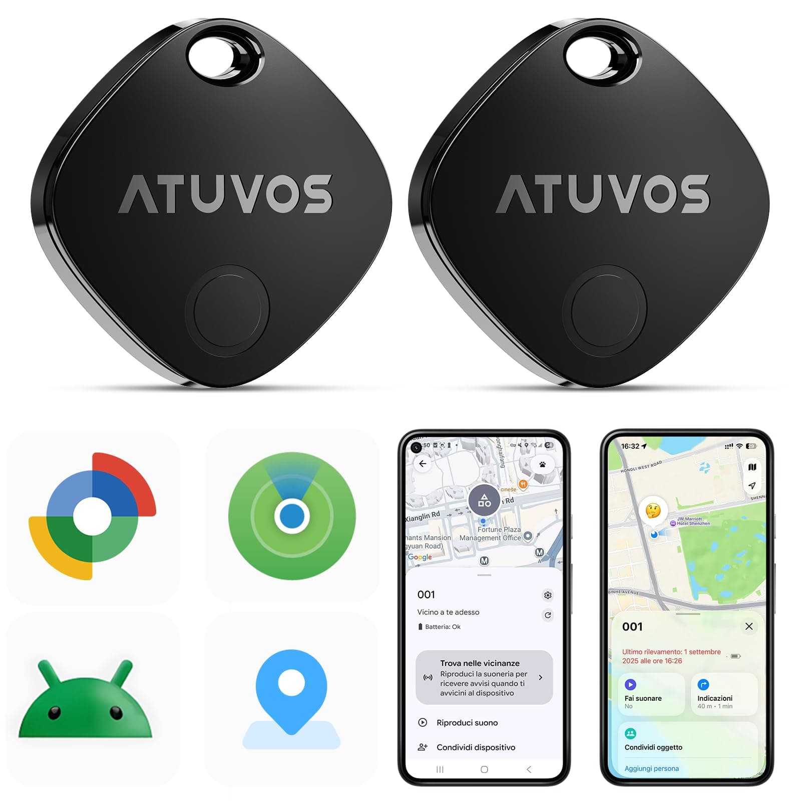 ATUVOS Air Tag Pro Smart Tag Tracker per Android & iOS, Dual System Localizzatore Bluetooth Funziona con Google Funzioni Trova o Apple Dov'è APP, per Bagagli, Borse.Batteria Sostituibile. 2 pezzi Nero