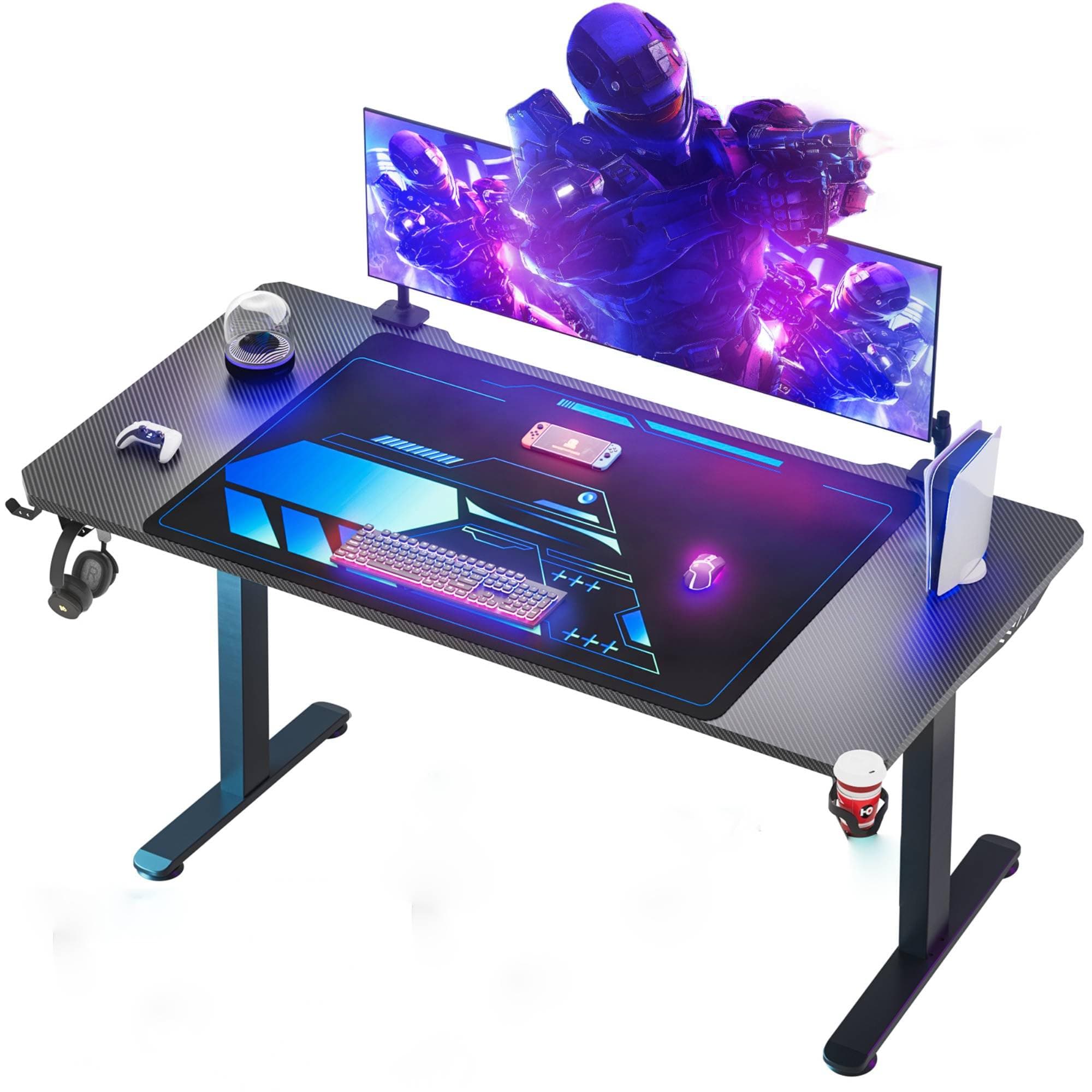 Himimi Bureau Gaming 180 x 70 cm, Grande Bureau Gamer, Bureau Informatique Ergonomique avec Table Gaming en Fibre de Carbone, Rangement,Tapis de Souris, Porte-gobelet et Crochet pour Casque, Noir